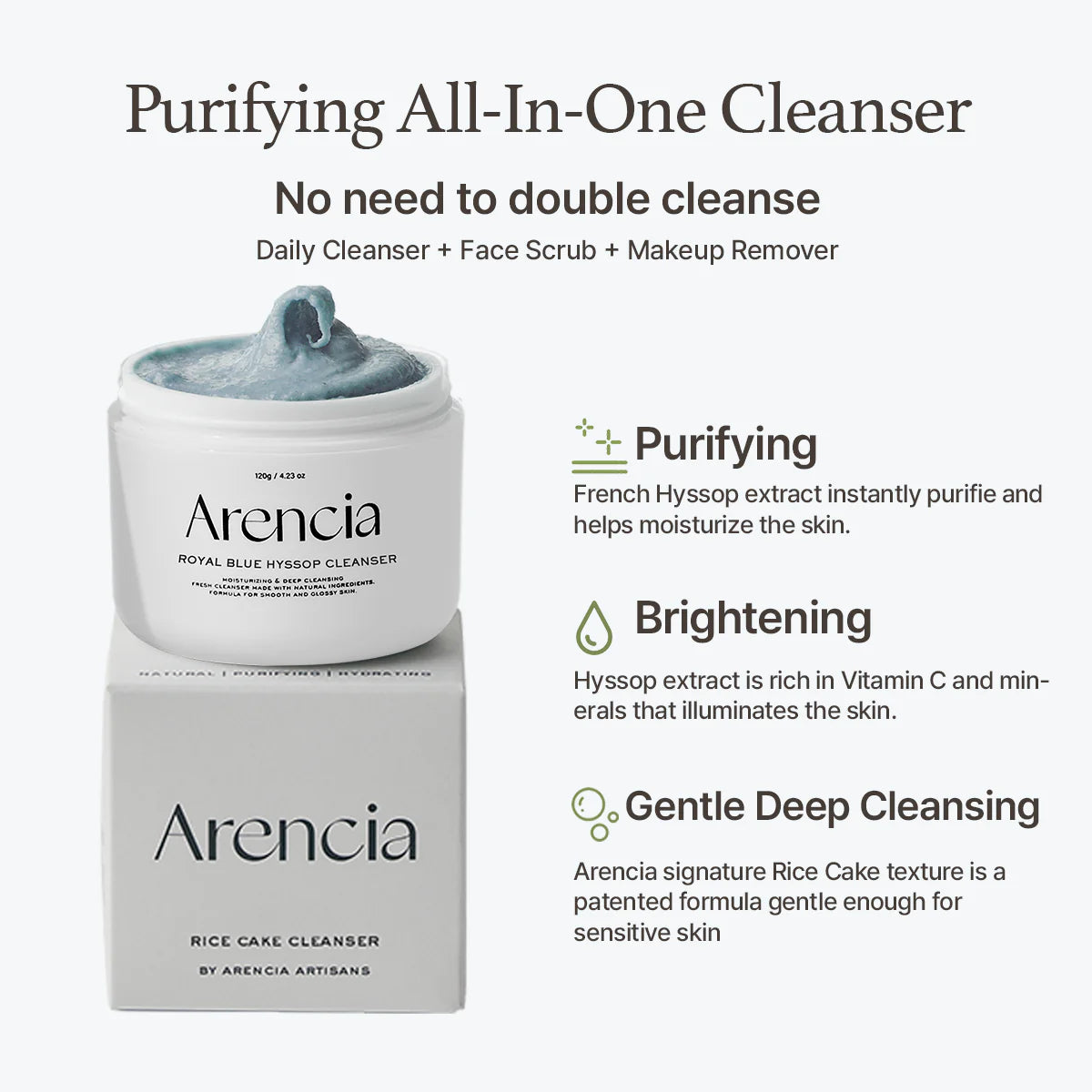 Arencia Royal Blue Hyssop Cleansing Rice Soap 120g - Natural Korean Skincare for Acne-Prone & Sensitive Skin | Daily Face Wash & Makeup Remover