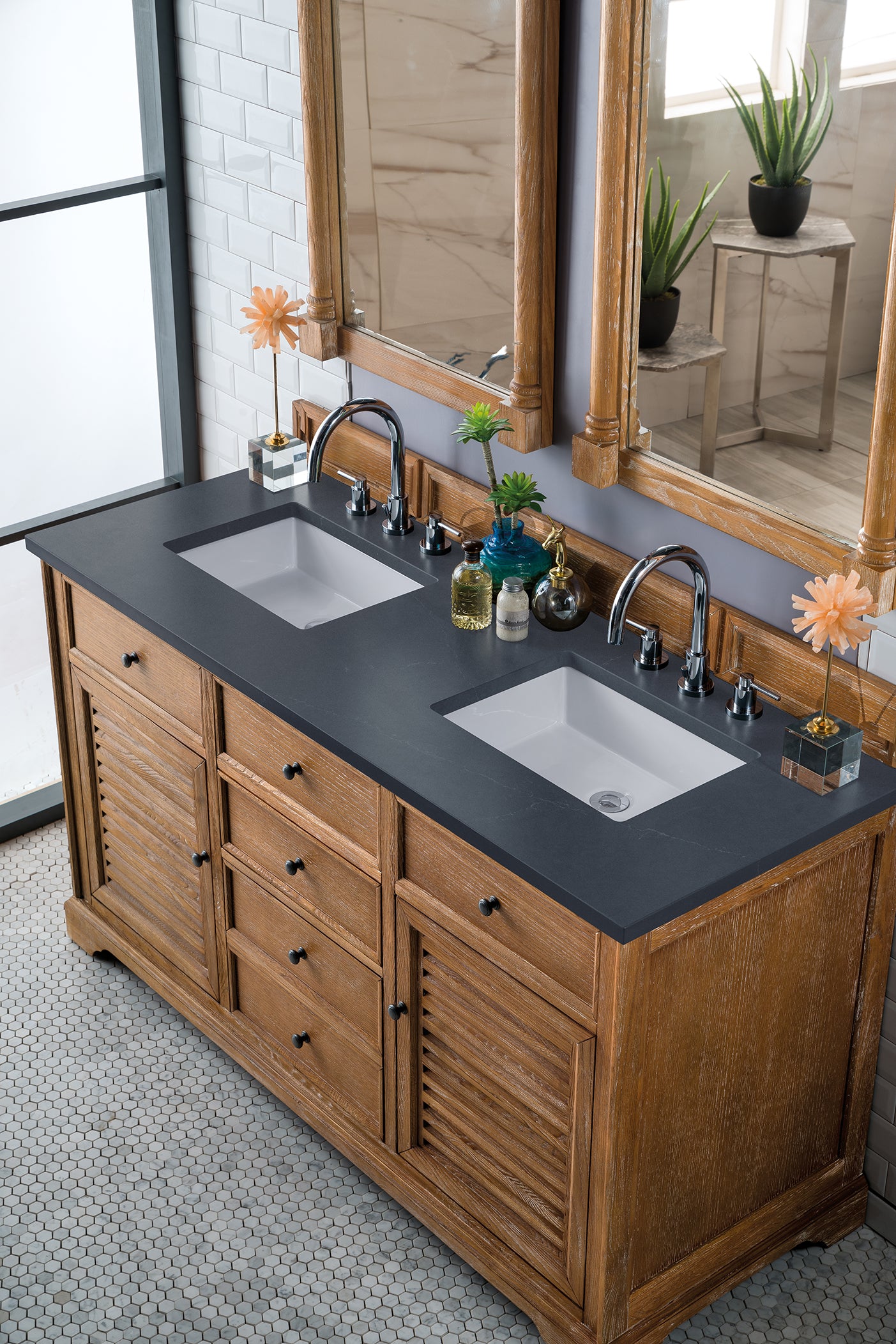 Savannah 60 Inch Double Vanity Bathroom Cabinet in Driftwood Finish with 3CM Charcoal Soapstone Quartz Countertop - Perfect for Master Bathroom, Guest Bath, or Luxury Home Renovation