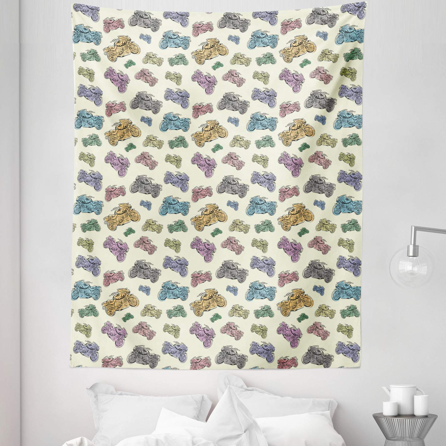 Ambesonne Motorcycle Tapestry Twin Size - Pastel Racing Motorcycle Sketch Wall Art, Cartoon Style Bedspread & Wall Hanging Decor (68x88 Inches, Multicolor) - Perfect for Bedroom, Dorm, Living Room & Motorcycle Enthusiast Gifts