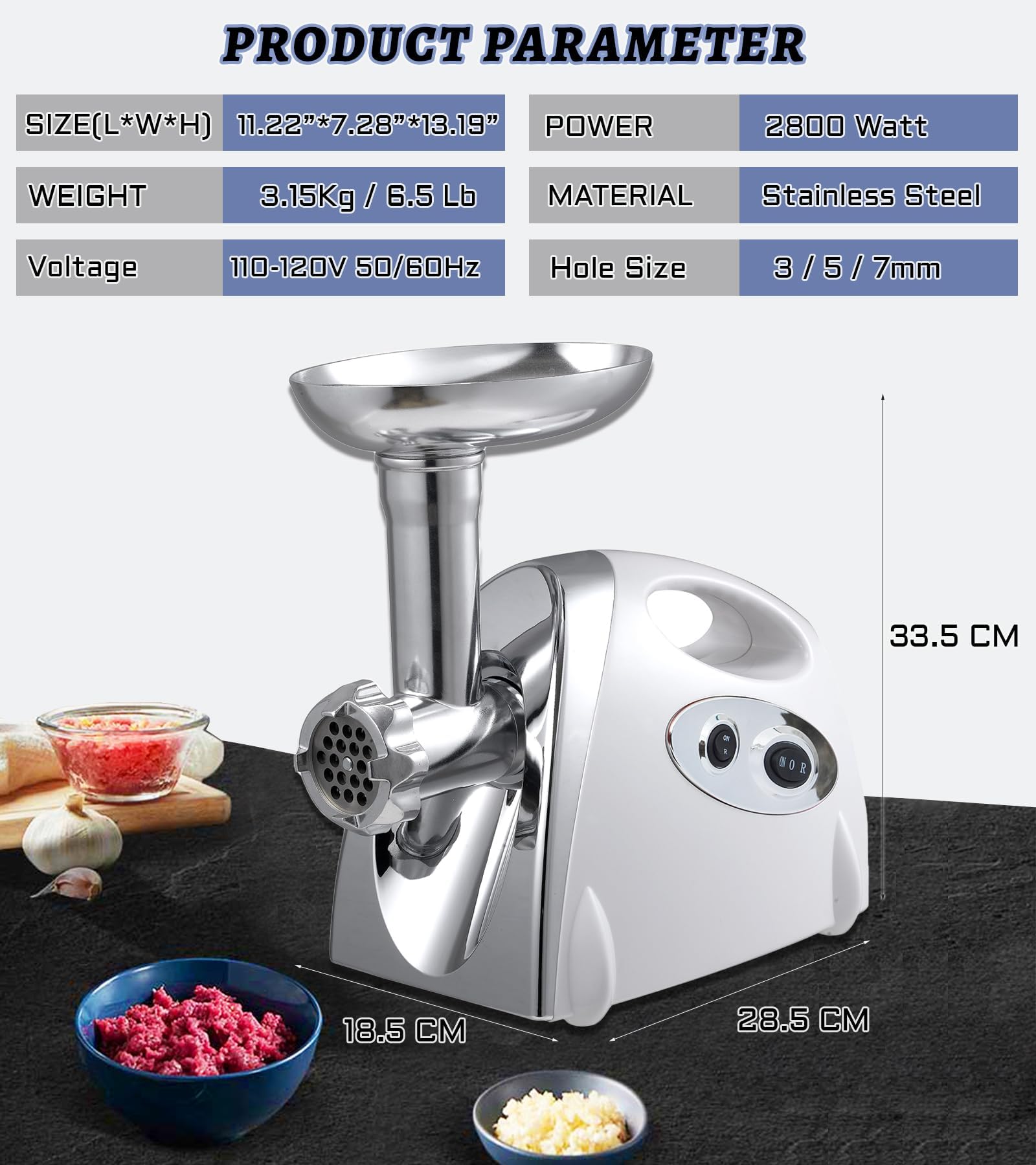 2800W Heavy Duty Electric Meat Grinder - Stainless Steel Sausage Maker & Mincer Machine with 3 Blades, Sausage Stuffer Tube & Kubbe Kit - Perfect for Home Kitchen, BBQ, Camping & Food Prep (White)