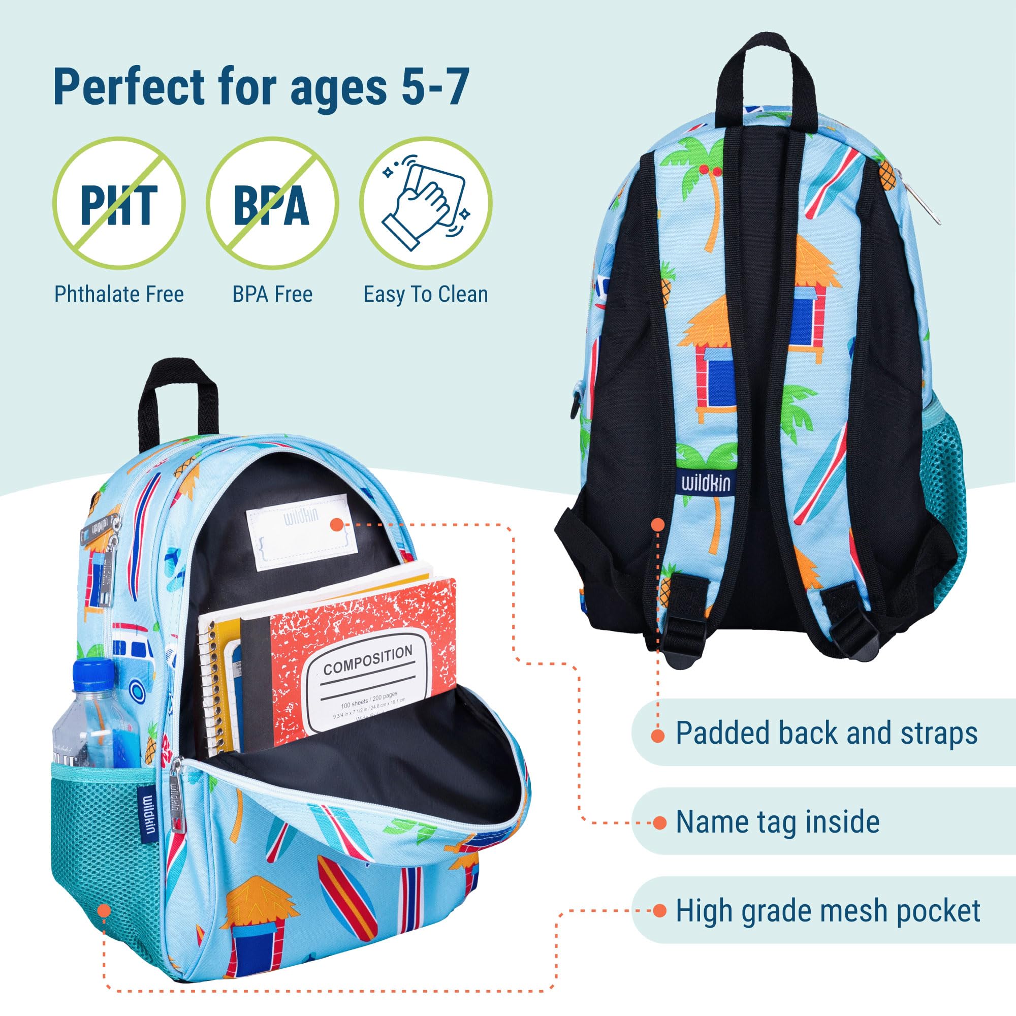 Wildkin 15-inch Kids Backpack - Durable, Padded & Adjustable School Backpack for Boys & Girls - Perfect for School, Travel & Day Trips - Surf Shack Design