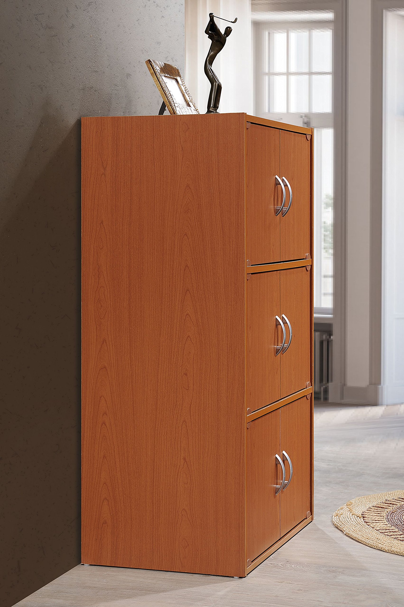 Hodedah 3-Shelf Bookcase Cabinet in Cherry Finish - Sturdy Wooden Storage Shelf for Living Room, Bedroom, Office & Study Organization