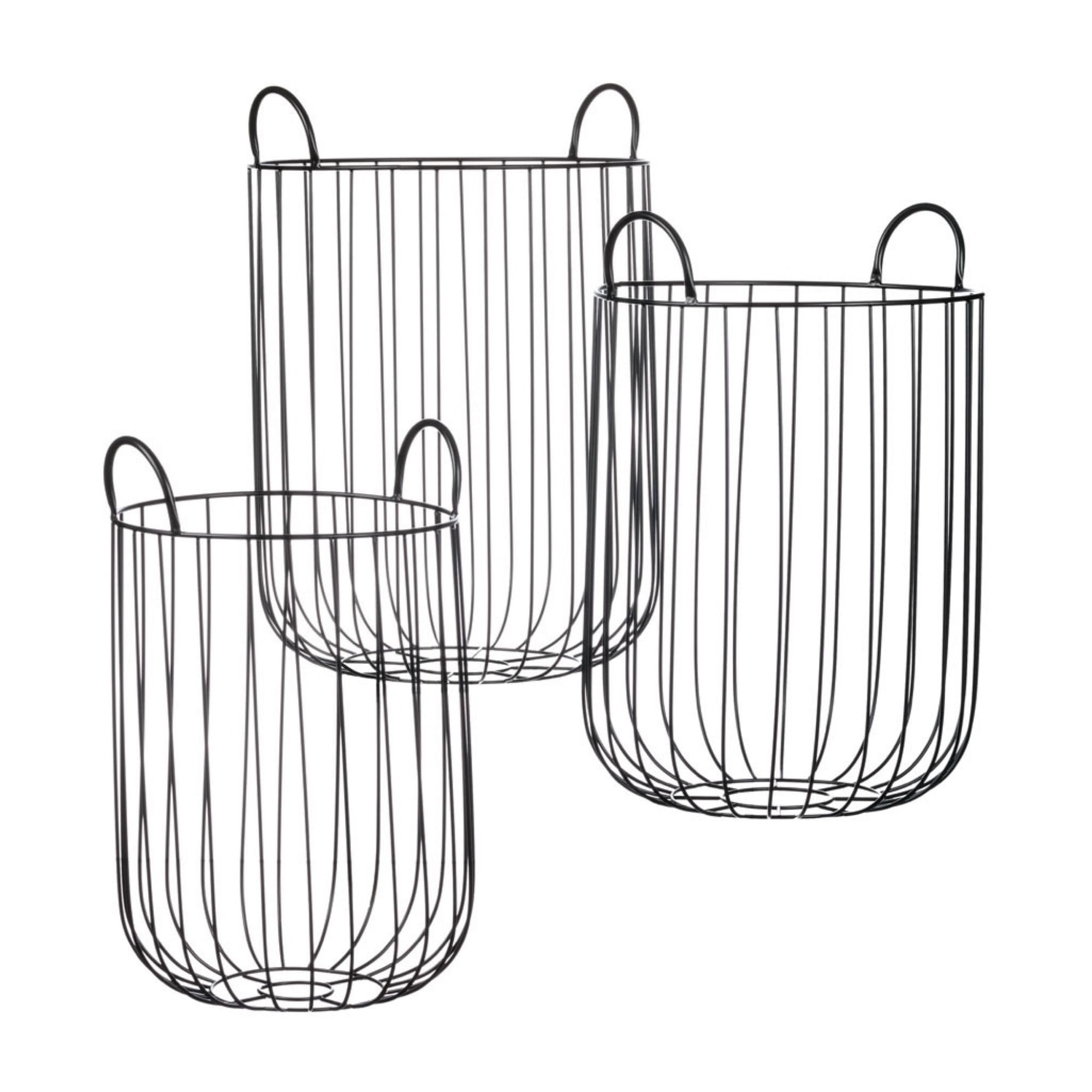 Large Black Cylindrical Wire Storage Baskets with Handles - Set of 3 (19.5-22 Inches Each) for Home Organization, Closet Storage & Laundry Room Decor