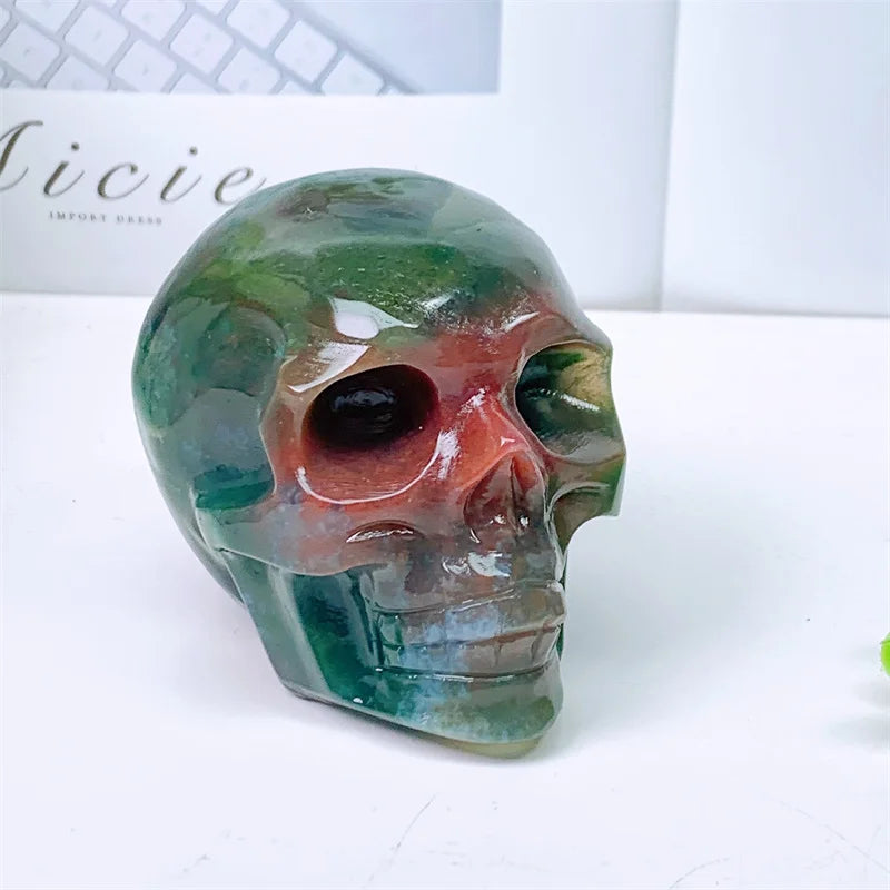 Natural Moss Agate Skull Carving Sculpture - Healing Crystal Gemstone Art for Home Decor, Meditation & Spiritual Healing - 1 Piece (399g) | Perfect for Yoga Spaces, Altars & Gothic Home Décor