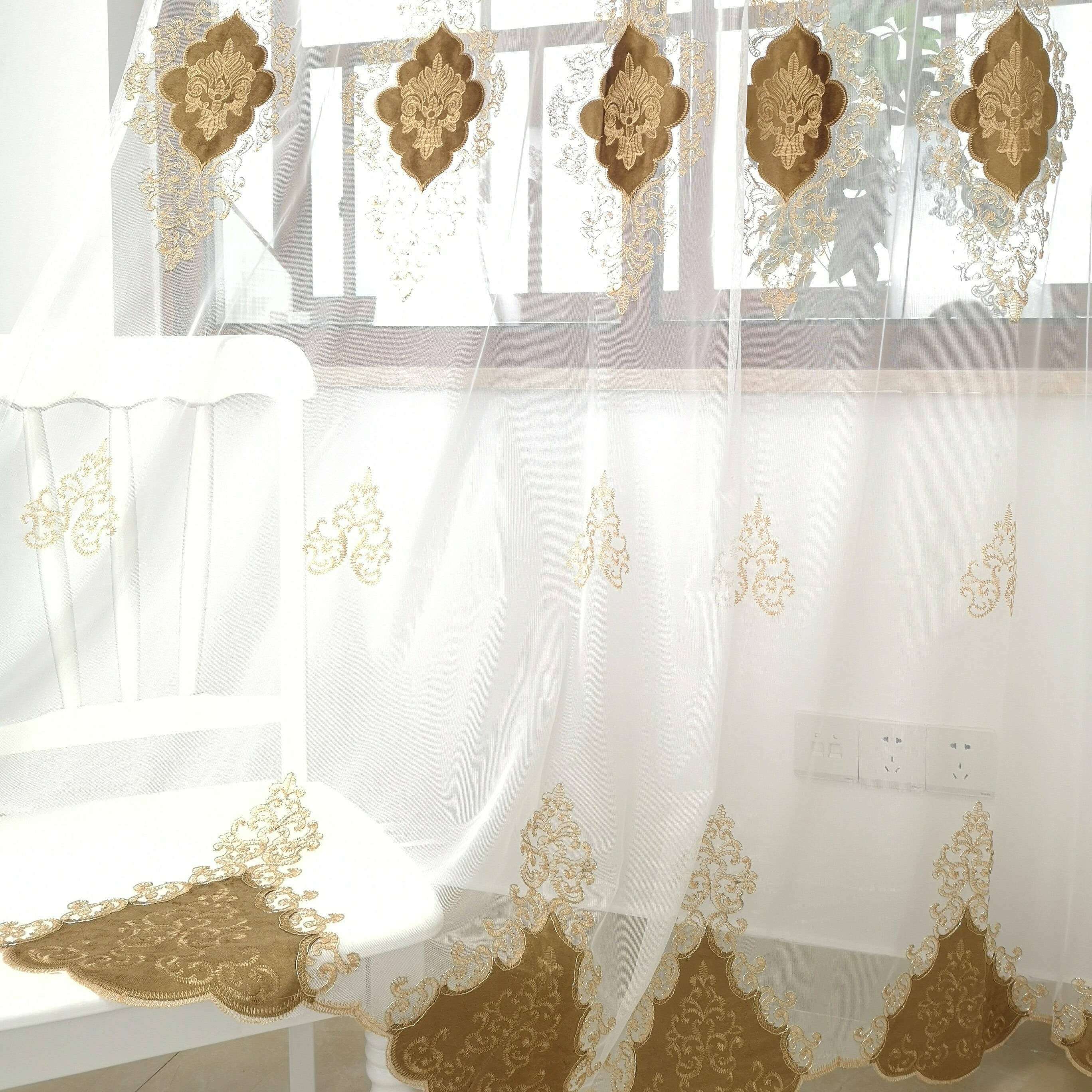 Brittany Velvet Embroidered White Sheer Brown Curtains - Elegant Window Treatments for Living Room, Bedroom & Home Decor