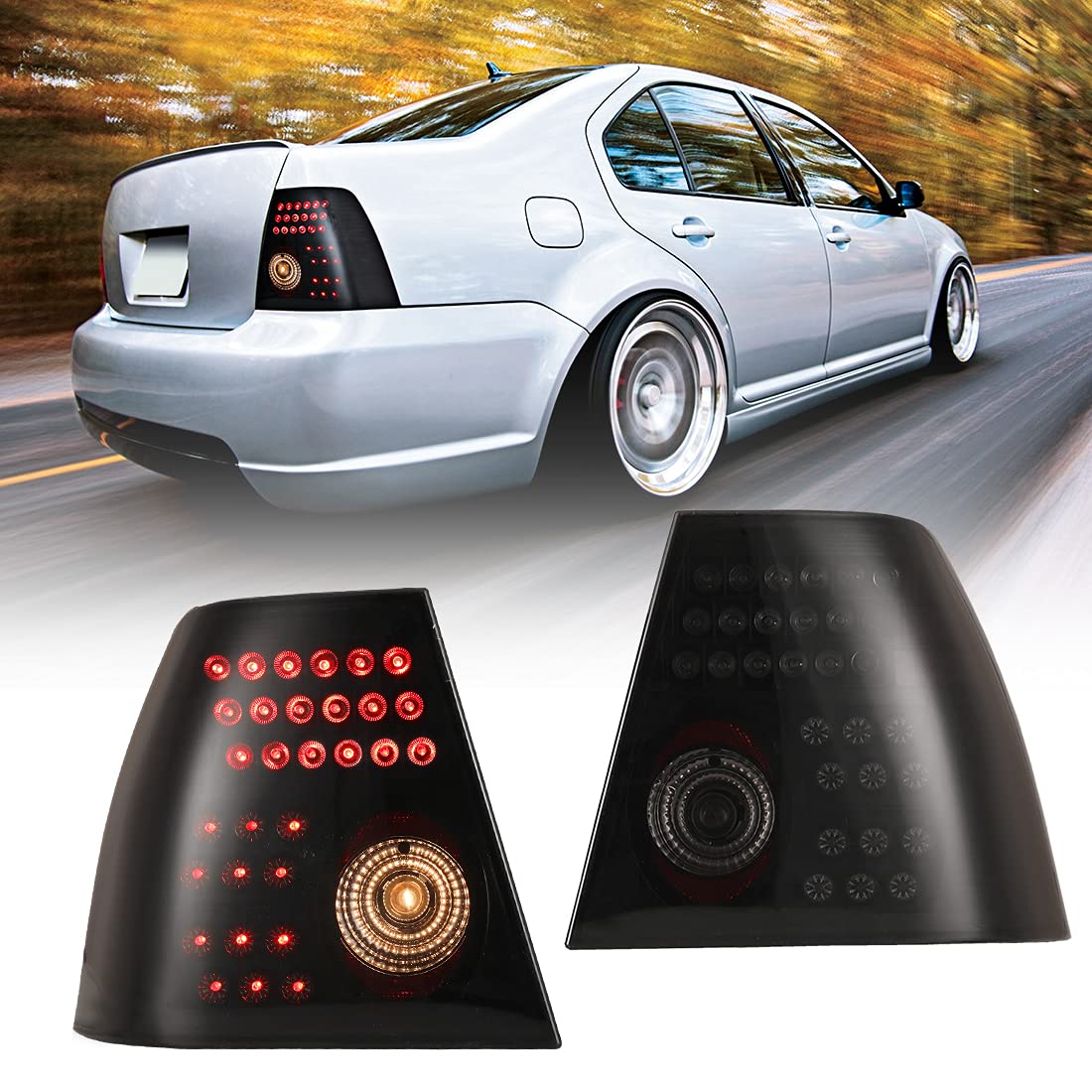 ROXX LED Tail Lights Assembly for 1999-2003 Volkswagen Jetta - Smoked Lens LED DRL, Turn Signal & Brake Lights - Direct Replacement for Driver & Passenger Side - Upgrade Your Jetta's Style & Visibility for Night Driving & Custom Look
