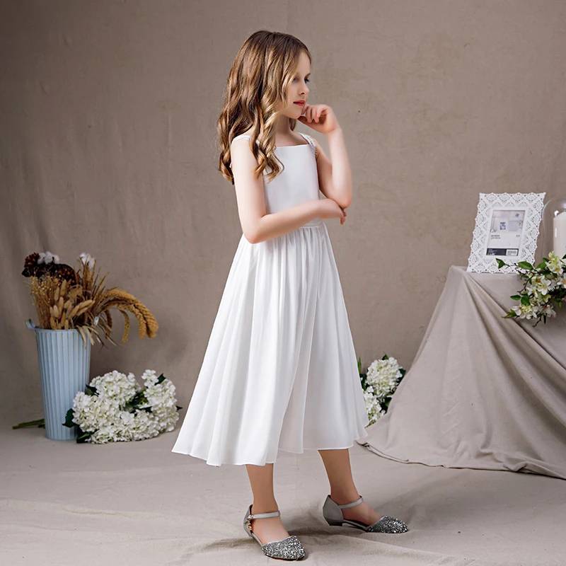 White Chiffon Sleeveless Girls Dress for Communion, Birthday Party or Bridesmaid - Perfect for Special Occasions, Church Events and Formal Celebrations