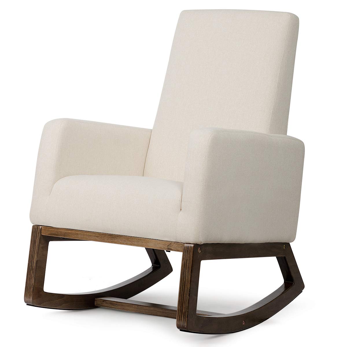 Giantex Upholstered Rocking Chair with Padded Seat & Wood Base - Comfortable Nursery Rocker, Living Room Chair in Beige - Perfect for Nursing, Relaxing & Nursery Decor