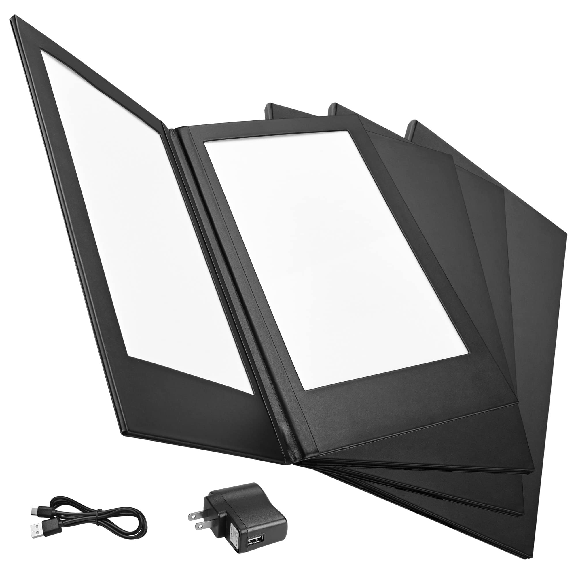 WeChef 4-Piece Book Style LED Backlit Illuminated Menu Holder - 10x17 Inch Leather Black Display Sign for Restaurants, Bars & Cafes - Perfect for Menu Presentation and Check Display