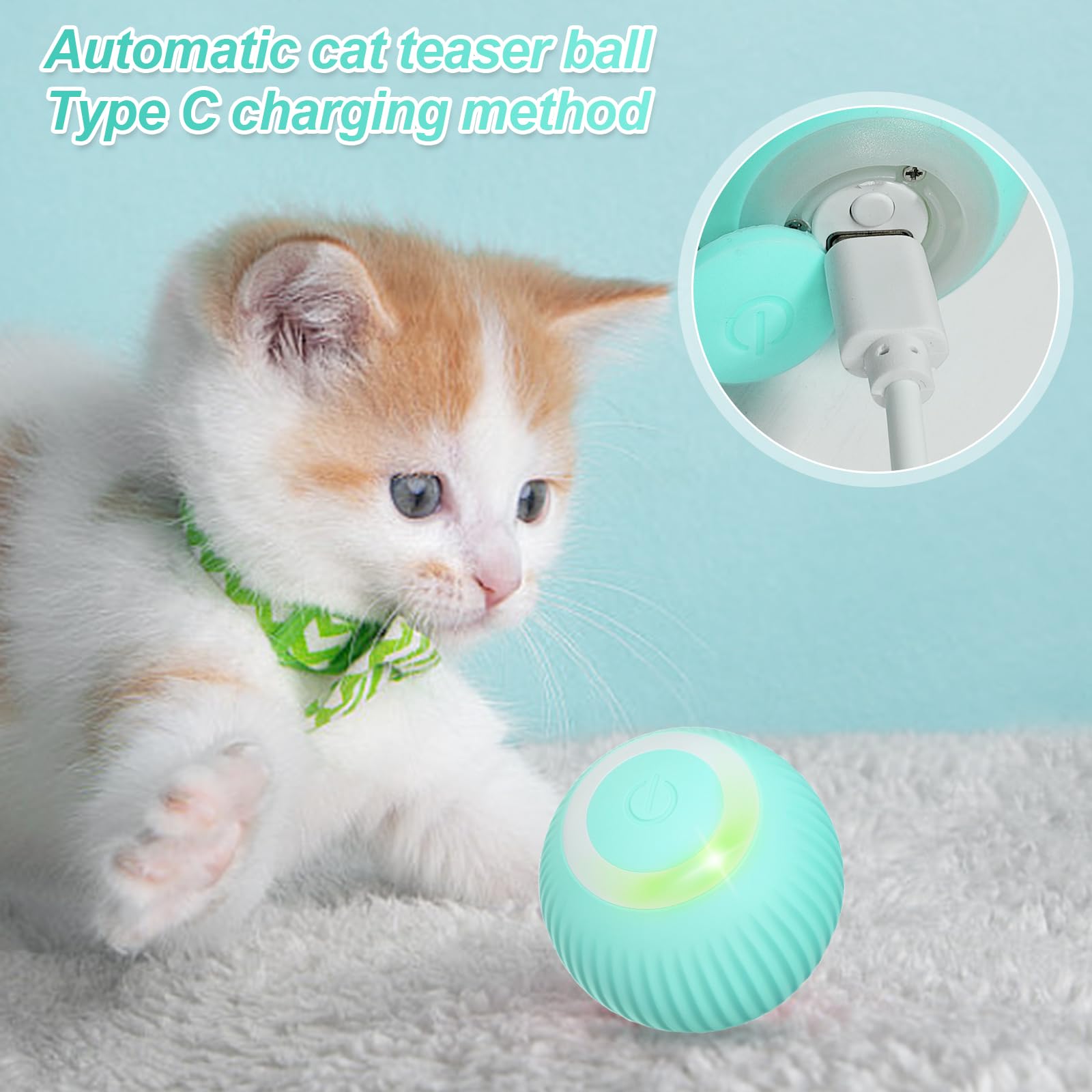 Shudyear Motorized Interactive Cat Toy with LED Lights - 360 Degree Spinning Ball, USB Charging Smart Cat Toy (Blue) - Perfect for Indoor Play & Exercise to Keep Your Cat Entertained
