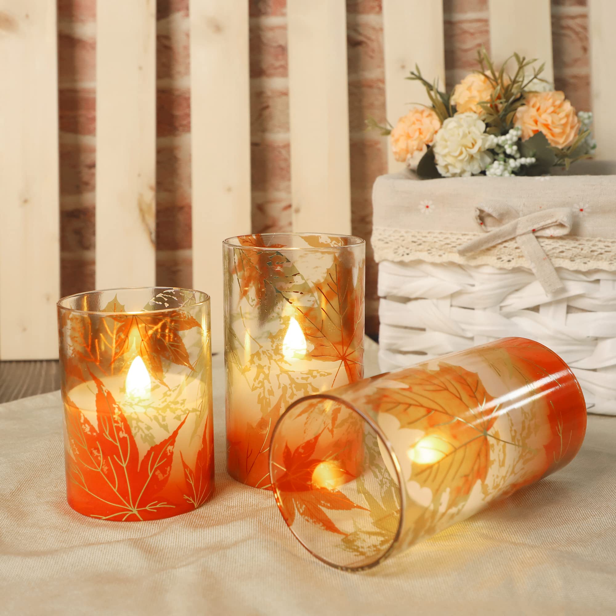 Realistic Flameless LED Candles with Remote & Timer - Battery Operated Thanksgiving Decor, Gold-Red Maple Leaf Wax Candles for Bedroom, Home, Table Centerpiece | Perfect for Holiday Gifts, Romantic Dinners & Cozy Ambiance