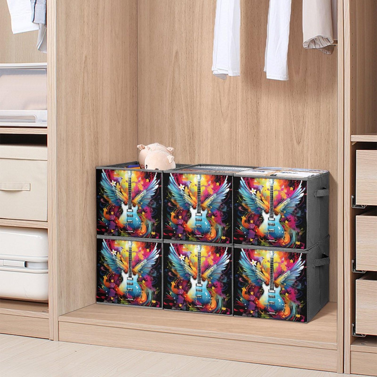 6-Pack Foldable Square Storage Bins with Handles - Watercolor Guitar & Wings Design Fabric Storage Cubes & Organizers | Perfect for Closet, Nursery, Office & Home Organization