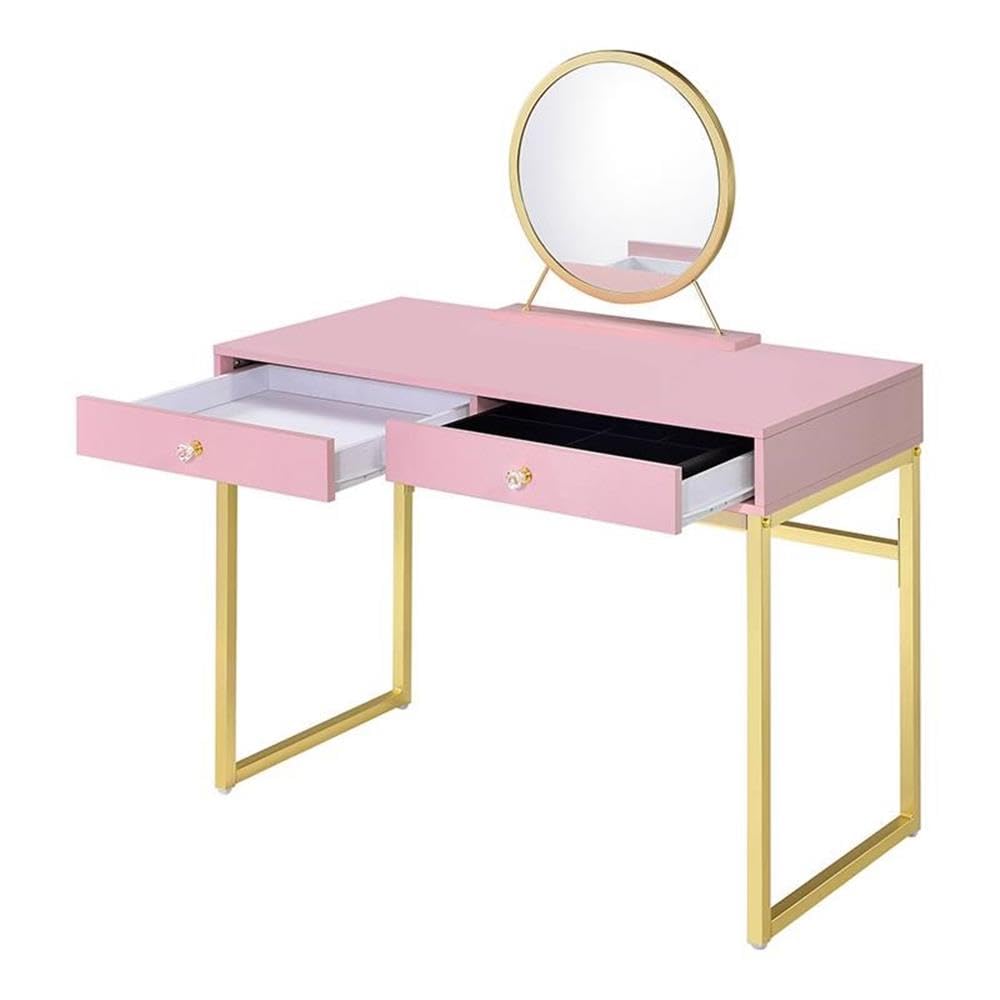 Acme Coleen 2-Drawer Wooden Vanity Desk with Jewelry Tray - Pink & Gold Finish | Perfect for Bedroom Makeup Organization & Jewelry Storage
