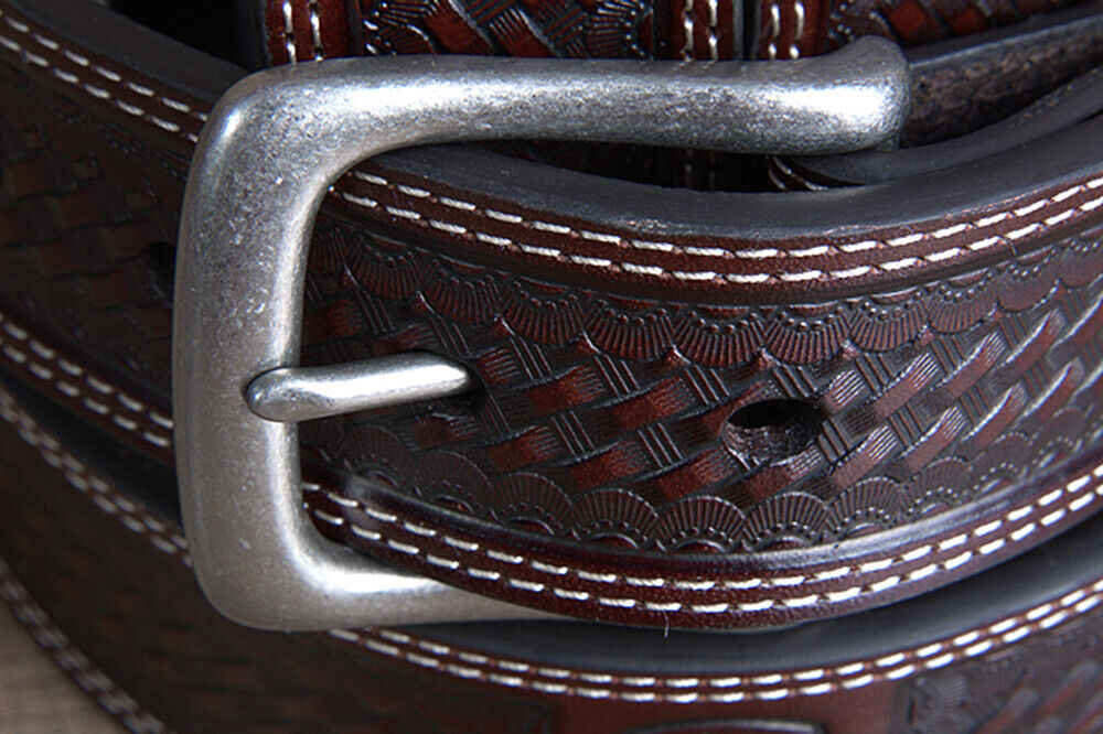 John Deere Wide Top Grain Basketweave Leather Cowboy Belt for Men - Chocolate Brown | Western Style, Ranch Work, Rodeo & Casual Wear