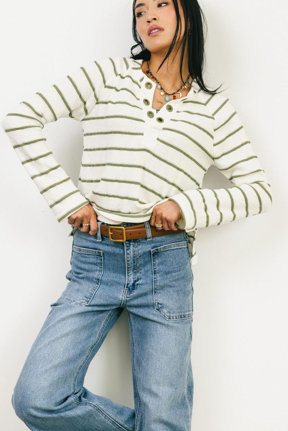 Franny Striped Grommet Top Women's Olive Green Casual Shirt - Perfect for Summer Outfits, Beach Wear and Boho Fashion Styles