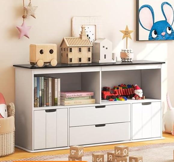 Costzon Kids Toy Organizer & Storage Cabinet with Blackboard - 4 Drawers, 2 Cubbies, Bookshelf for Playroom, Nursery, Living Room - White | Perfect for Organizing Toys, Books & Art Supplies in Daycare, Preschool & Home