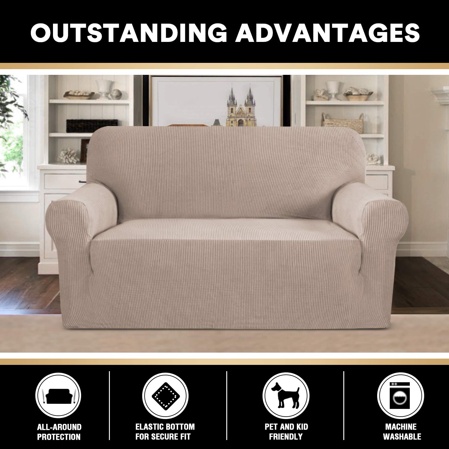 PrinceDeco Stretch Loveseat Sofa Cover - Washable 2-Cushion Slipcover with Non-Slip Bottom | Pet-Friendly Furniture Protector for Couches & Small Sofas | Perfect for Living Rooms, Apartments & Pet Owners (Sand Color)