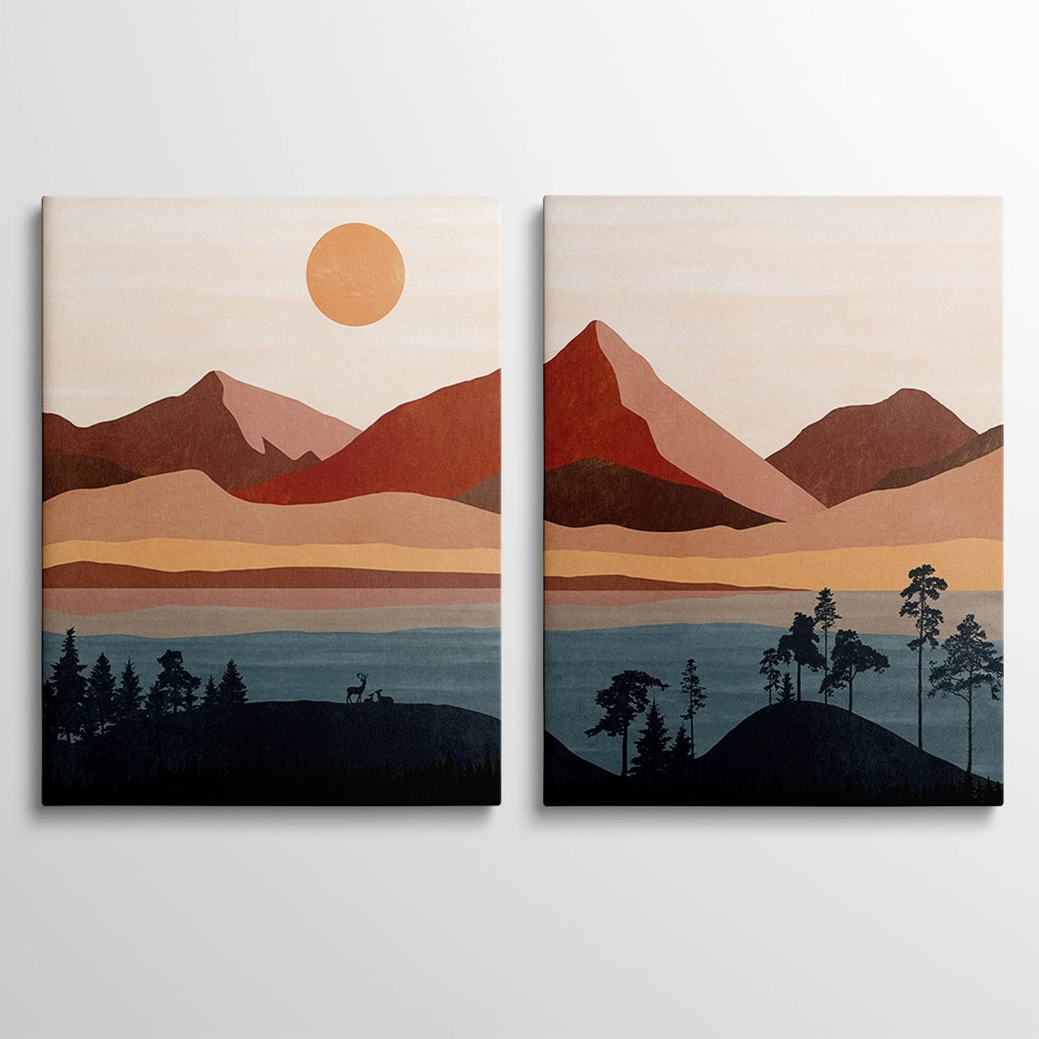 Boho Print Mid Century Minimalist Art Prints - Sunset Landscape Wall Art, Modern Abstract Canvas for Living Room, Bedroom & Kids Room Decor - Set of 2 Framed Posters (24x36 inches) - Perfect for Home, Office & Gift Giving