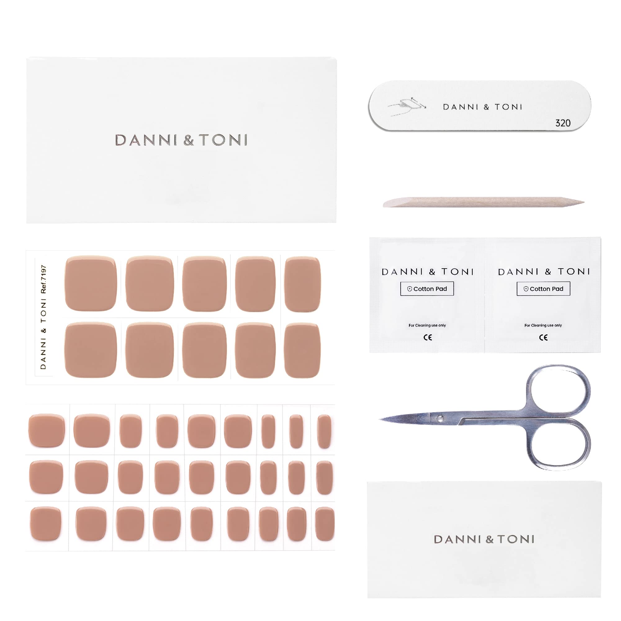 DANNI & TONI Semi Cured Gel Toenail Strips - Nude Cinnamon Color, 37 Count | Easy DIY Pedicure Nail Stickers for Women | Perfect for Home Salon, Parties & Vacation Nail Care