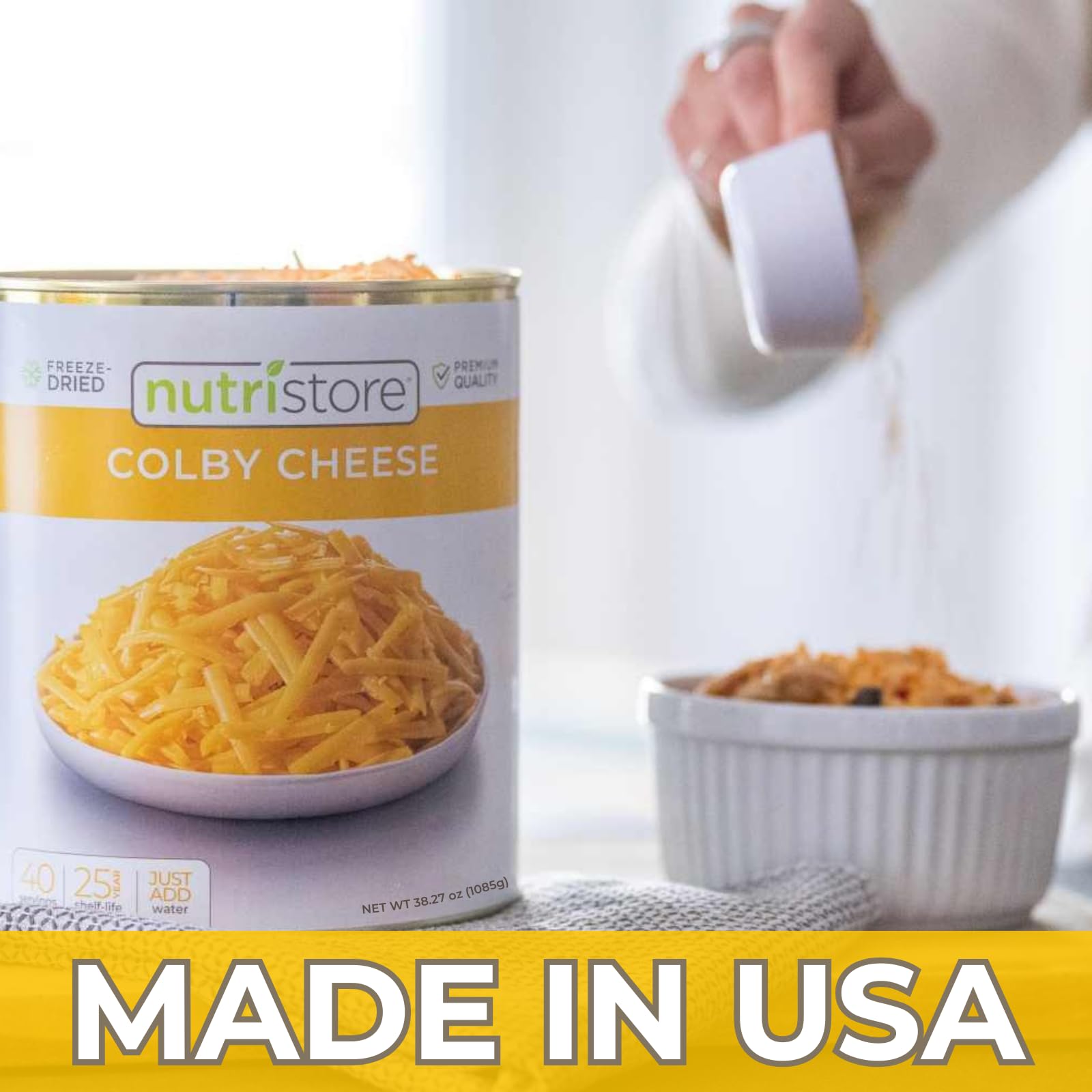 Nutristore Freeze Dried Colby Cheese Shreds | Long Shelf Life Emergency Food Supply (25 Years) | Bulk #10 Can 38.1oz (1080g) | Ideal for Camping, Hiking, Prepping & Everyday Cooking | Perfect for Cheese Toppings, Omelets, Pasta & Emergency Kits