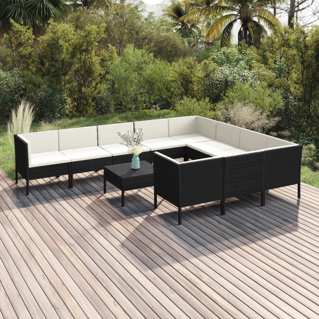 vidaXL 11-Piece Patio Lounge Set with Cushions - Black Poly Rattan Outdoor Furniture for Garden, Terrace, Poolside & Backyard Relaxation
