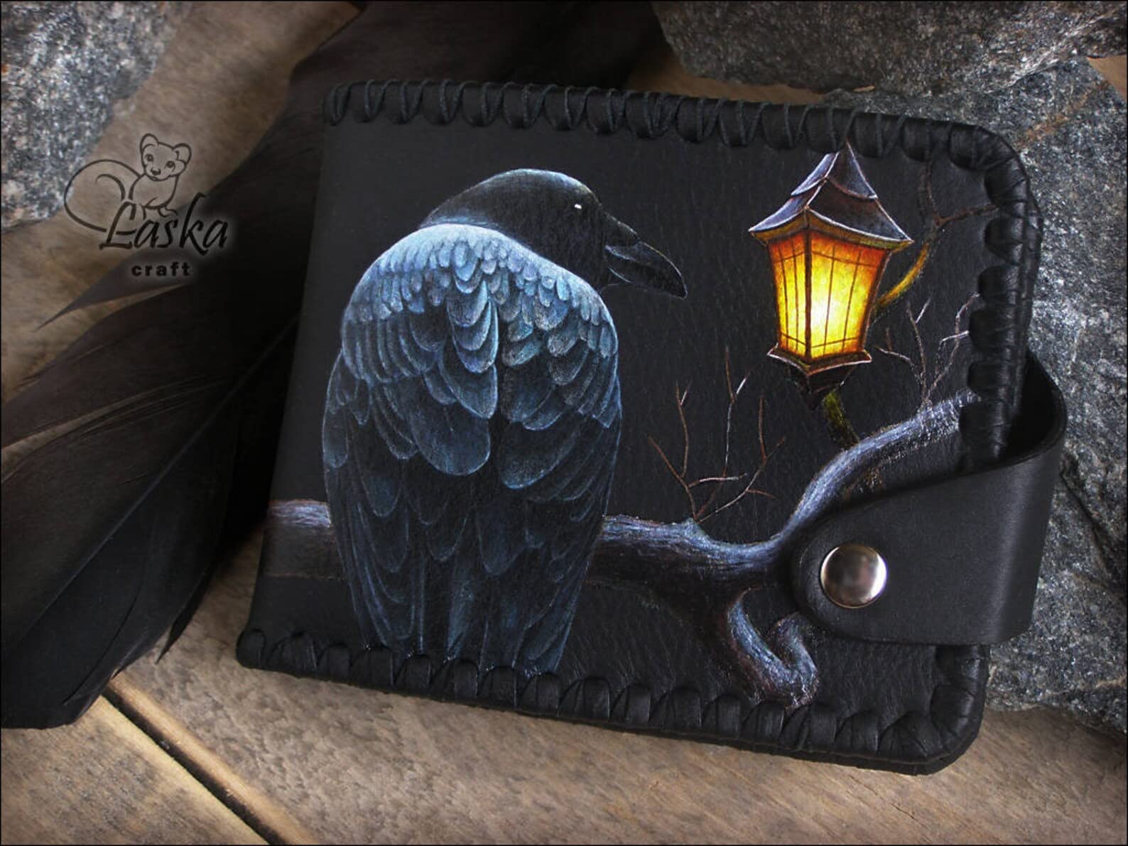 Mystery Night Raven Men's 3D Genuine Leather Wallet - Handmade Carved & Tooled Biker Wallet with Airbrush Art - Custom Personalized Leather Wallet for Men - Perfect Gift for Bikers & Motorcycle Enthusiasts