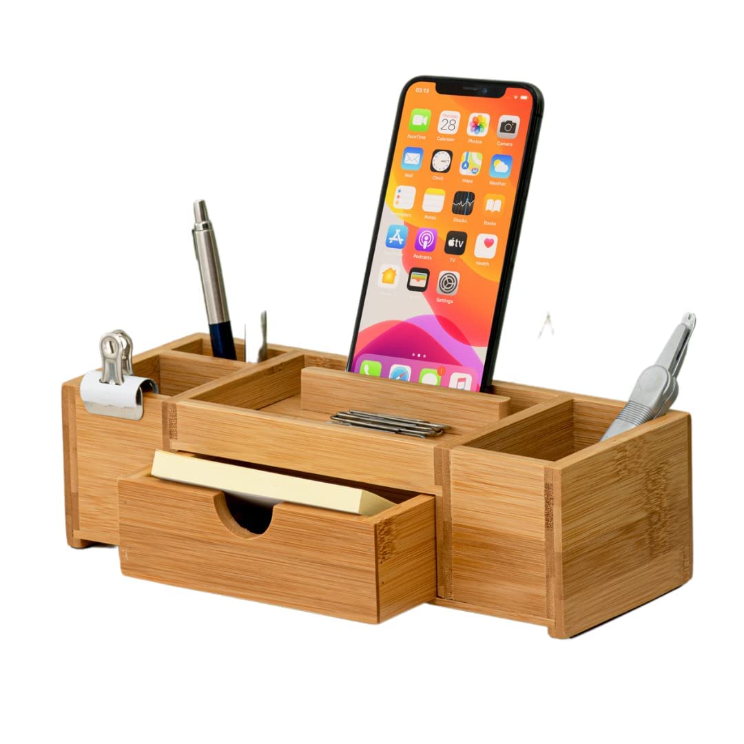 Premium Bamboo Desk Organizer with Drawers & Storage Compartments | Wooden Pen Holder & Phone Stand | Stylish Home & Office Desk Accessories for Workspace Organization