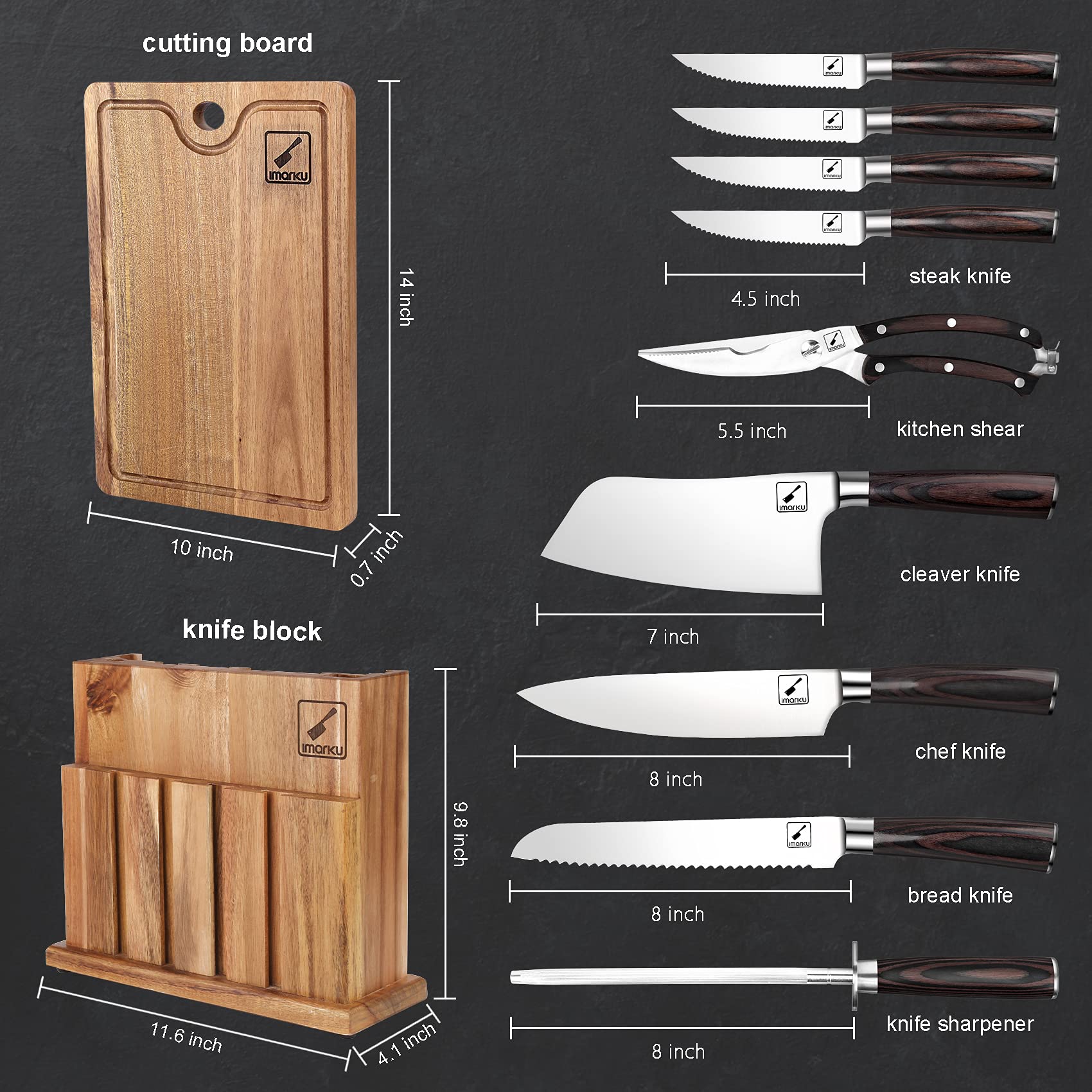 IMARKU 11-Piece Professional Japanese Kitchen Knife Set with Wooden Block - Stainless Steel Chef Knives, Cutting Board & Knife Sharpener Included - Perfect Gift for Home Cooks & Culinary Enthusiasts (Great for Sushi Making, Meat Cutting & Vegetable Prep)