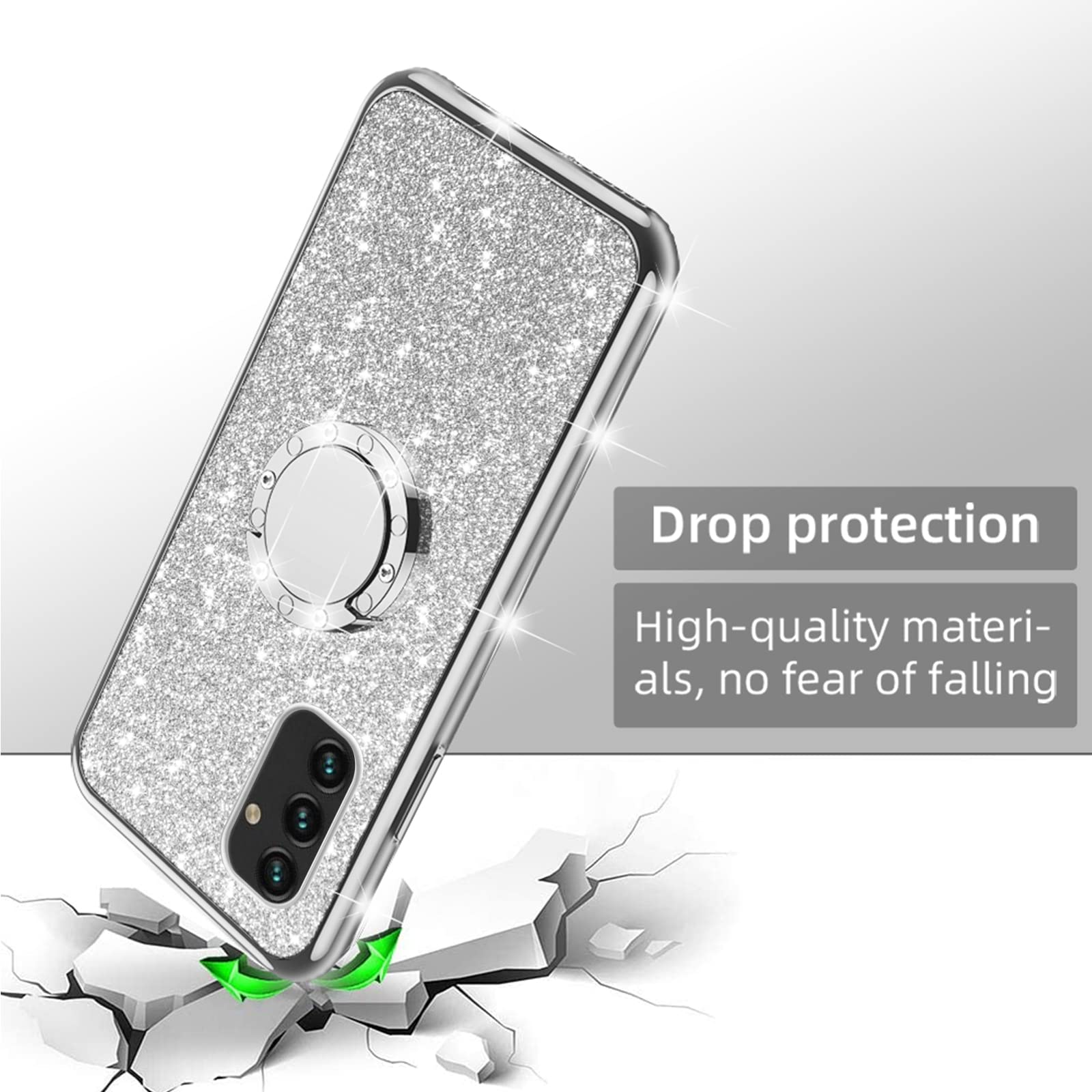 Samsung Galaxy A13 5G/4G Case - Cute Glitter TPU Silicone Cover with Ring Stand & Strap | Shockproof Full Body Protection | Perfect for Women & Girls | Ideal for Daily Use, Work & Travel - Silver