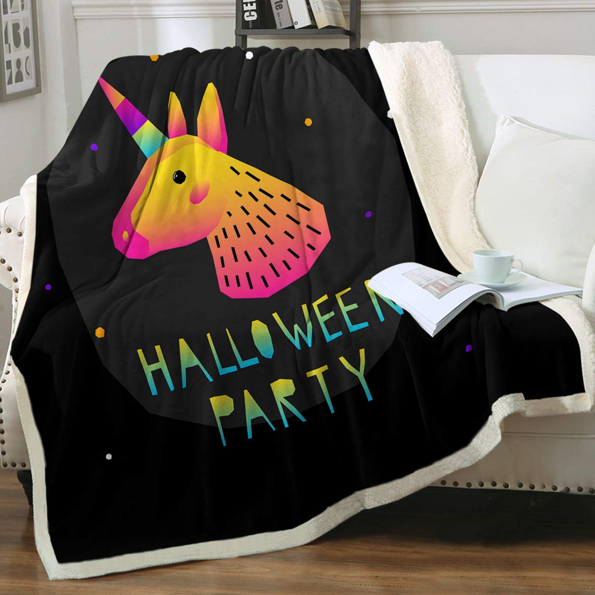 Sleepwish Halloween Unicorn Sherpa Fleece Blanket - Black Rainbow Ultra Soft & Warm All-Season Throw for Couch, Bed, Sofa - Queen Size 90x90 Inches - Perfect for Halloween Decor, Christmas Gifts & Cozy Movie Nights