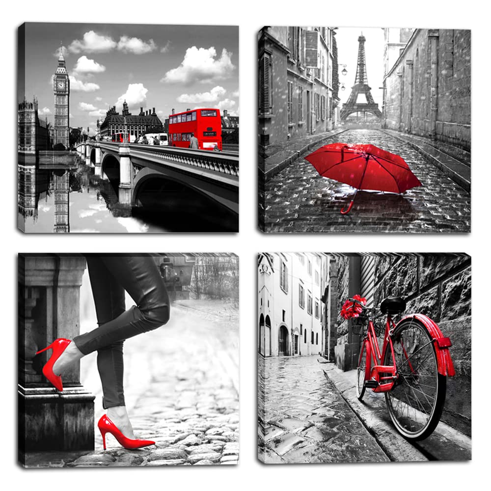 Black and White Paris Wall Art - Eiffel Tower Canvas Print with Red Rose & High Heels Silhouette, 16x16 Inches, Modern Home Decor for Living Room & Bedroom | Perfect for Romantic & Chic Interior Design