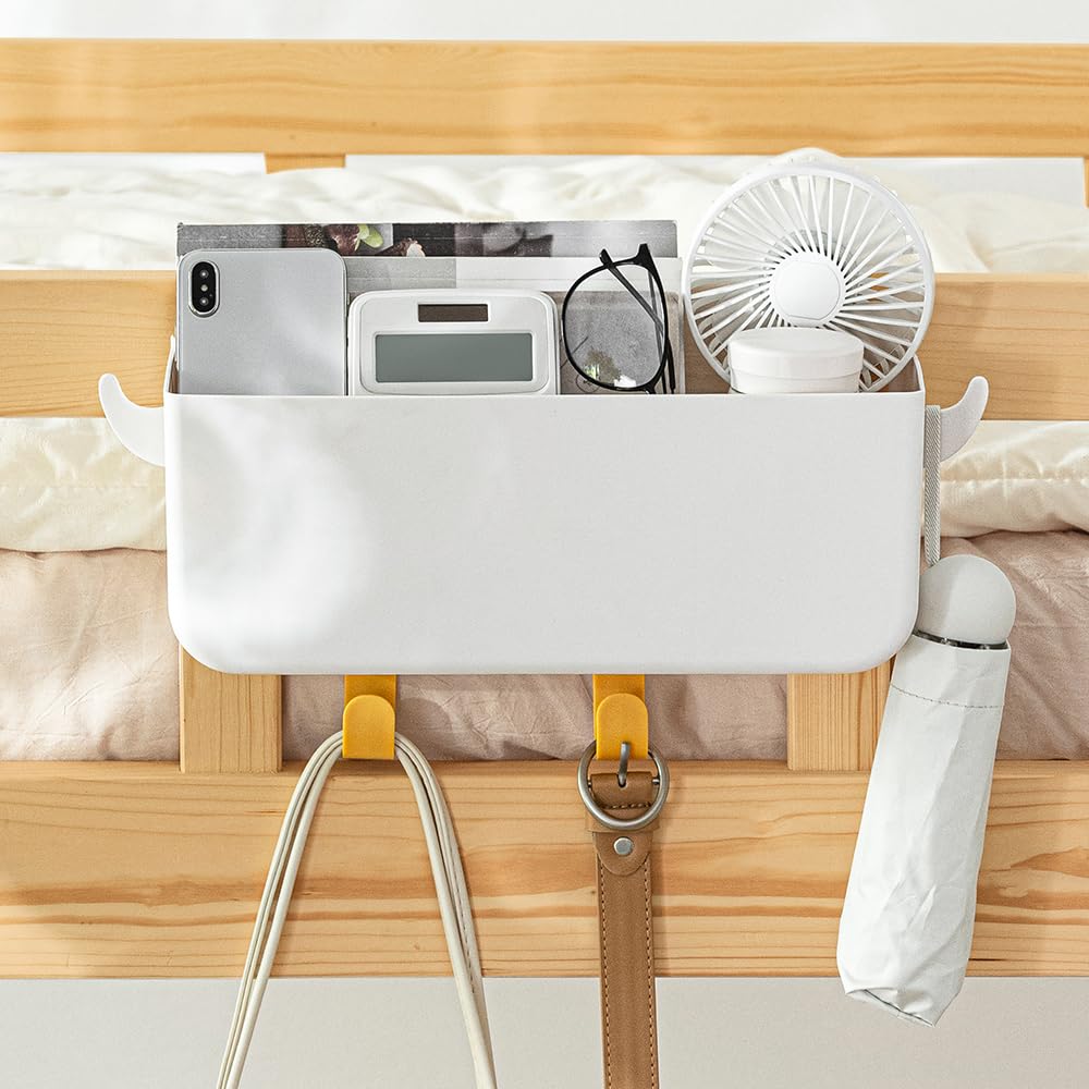 Poeland Hanging Storage Basket with Hooks - Bedside Organizer Shelf & Bunk Bed Storage Caddy for Phone, Remote, Glasses, Water Bottle - Perfect for Dorm, Bedroom, RV, Camper, Loft Bed & Small Space Organization