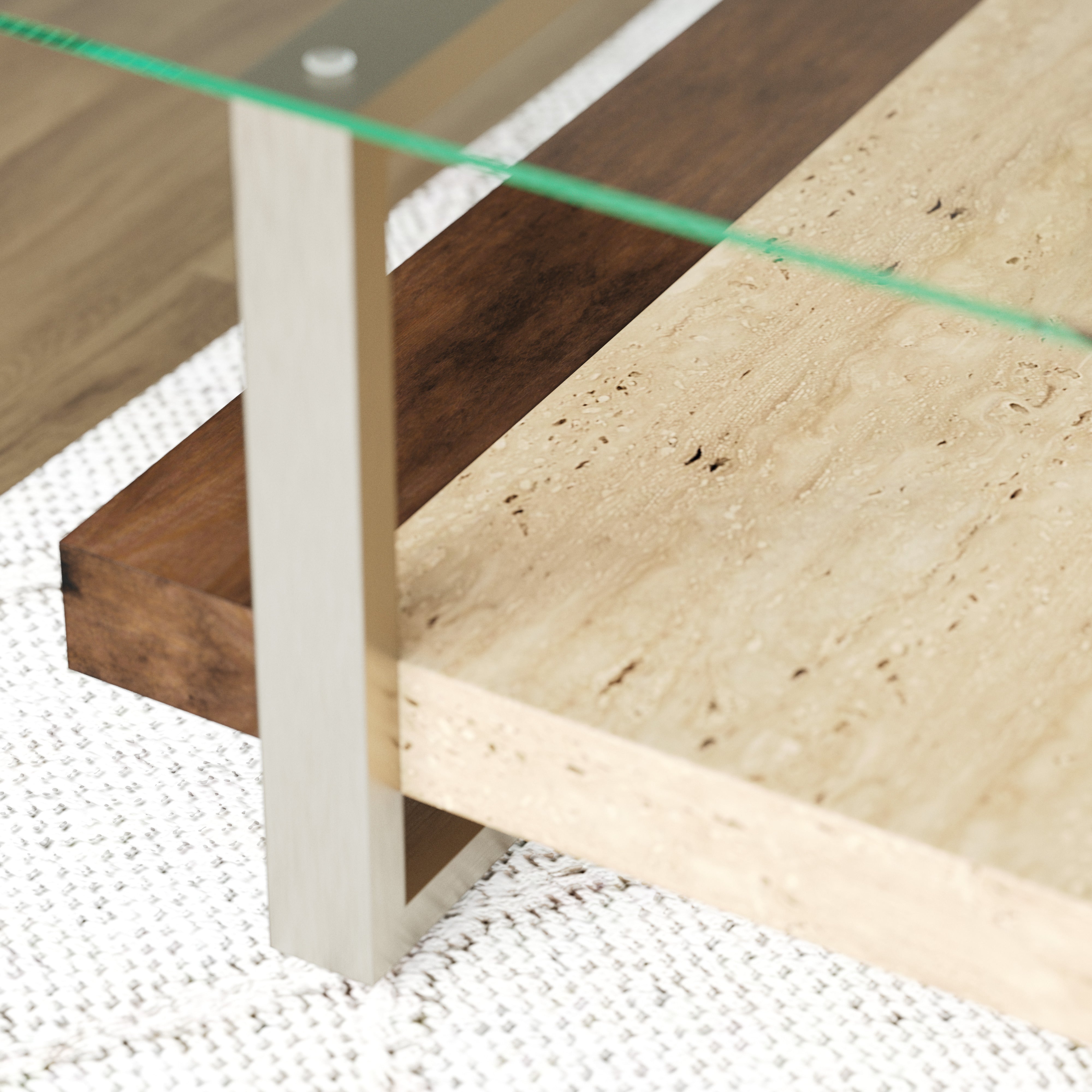 Roundhill Furniture Andes Glass Square Coffee Table with Marble Shelf - Polished Nickel Finish - Modern Living Room Centerpiece for Home & Office Decor