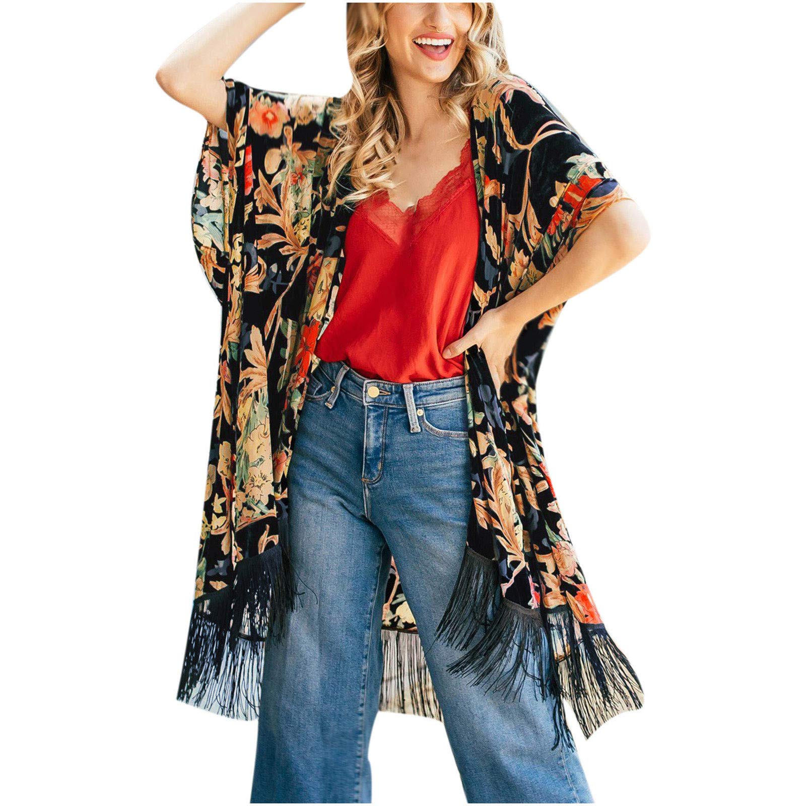 Elegant Long Black Cardigan for Women - Lightweight Flyaway Open Front Cover Up, Flowy Chiffon Shawl Blouse with Printed Design - Perfect for Beach Coverups, Casual Outfits & Layering in Spring/Fall