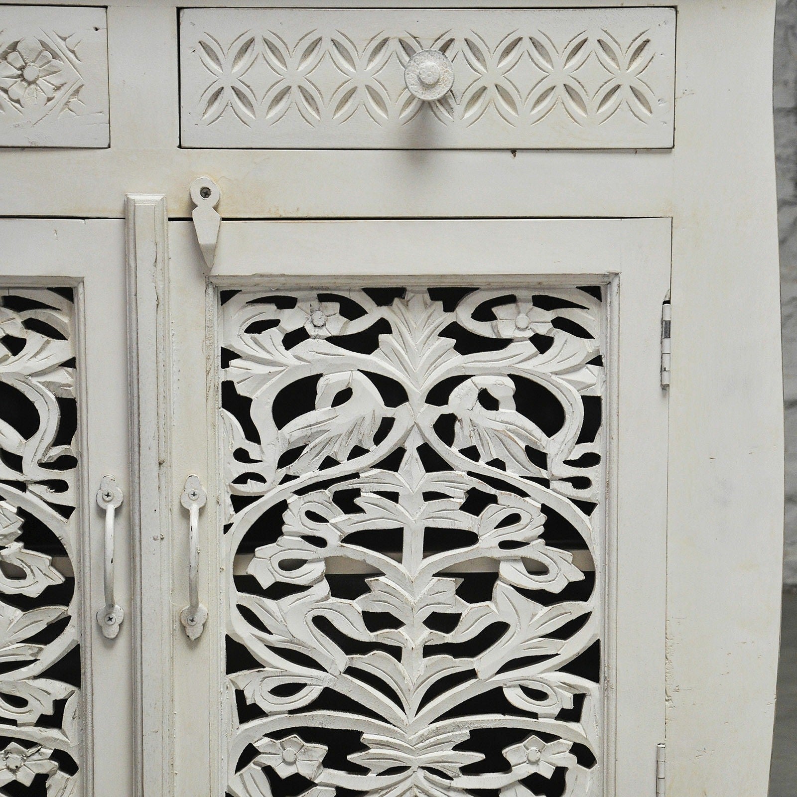 French Colonial Solid Wood Jali Carved Sideboard - White Vintage Buffet Cabinet for Dining Room, Living Room & Entryway Storage