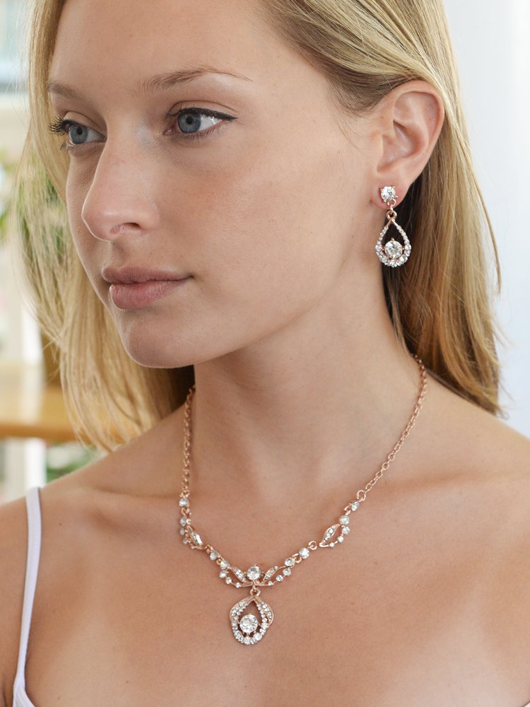 Mariell Rose Gold Vintage Crystal Bridal Jewelry Set - Necklace & Earrings for Weddings, Prom, Bridesmaids | Perfect for Bridal Showers, Anniversary Gifts & Special Occasions