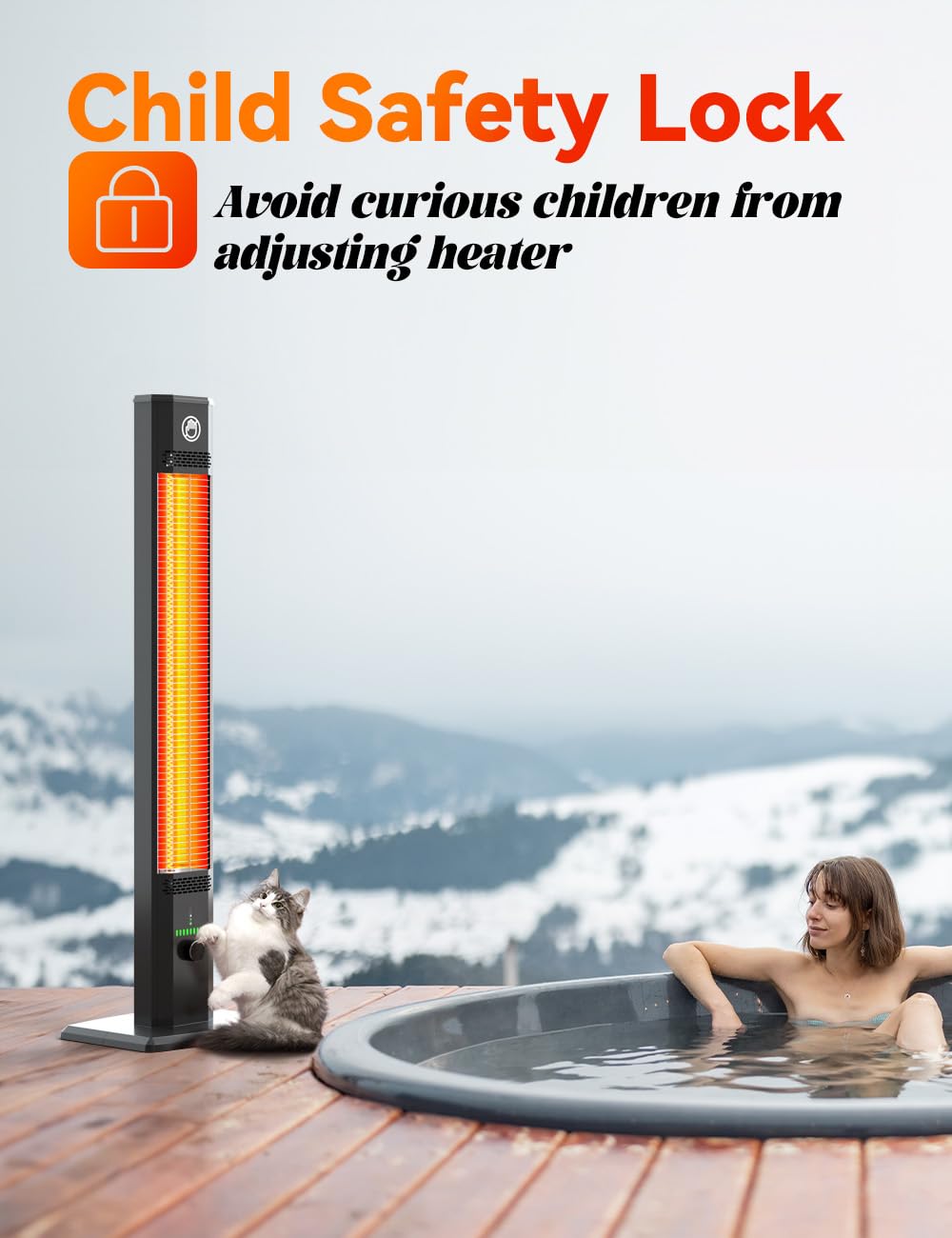 BALKO 42 Inch Outdoor Infrared Heater with 9 Heat Levels & 540 Min Timer - 1500W Patio Heater with Child Safety Lock, IP65 Waterproof, Tip-Over & Overheat Protection - Perfect for Garage, Deck, Backyard, and Indoor Use