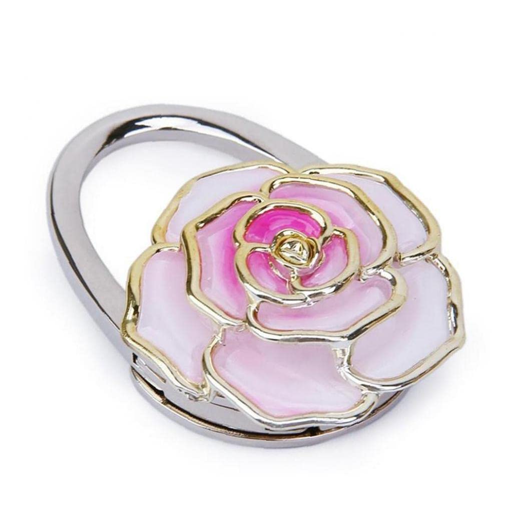 TOSSPER Folding Bag Hook - Rose Pattern Handbag Hanger for Purse, Table & Counter - Portable Pink Purse Hook for Restaurants, Travel & Shopping (Pink)