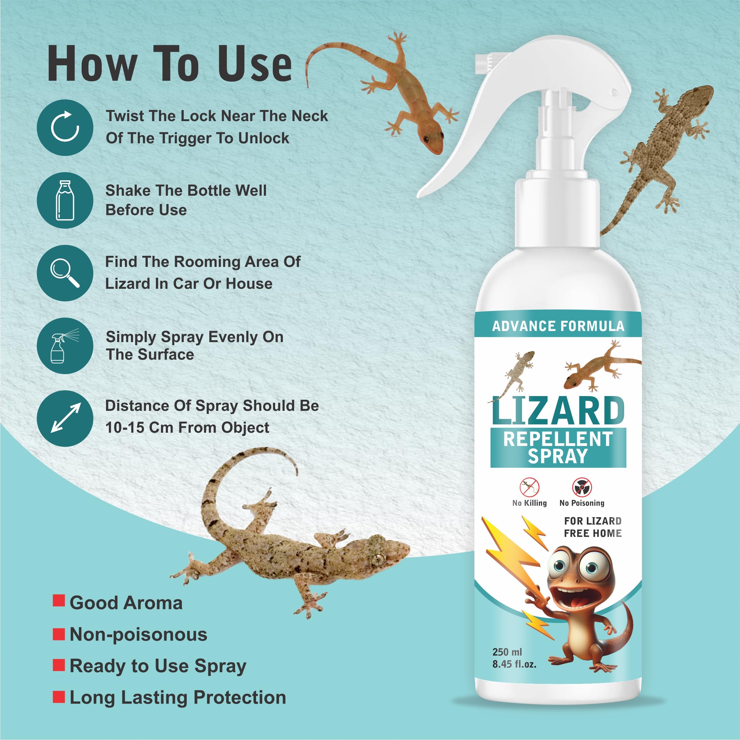 OXILY Natural Lizard Repellent Spray for Home - Plant-Based, Non-Toxic & Chemical-Free Pest Control | Safe for Babies, Pets & Indoor Plants | Effective Home & Garden Protection (250ml) | Use for Doors, Windows & Outdoor Areas