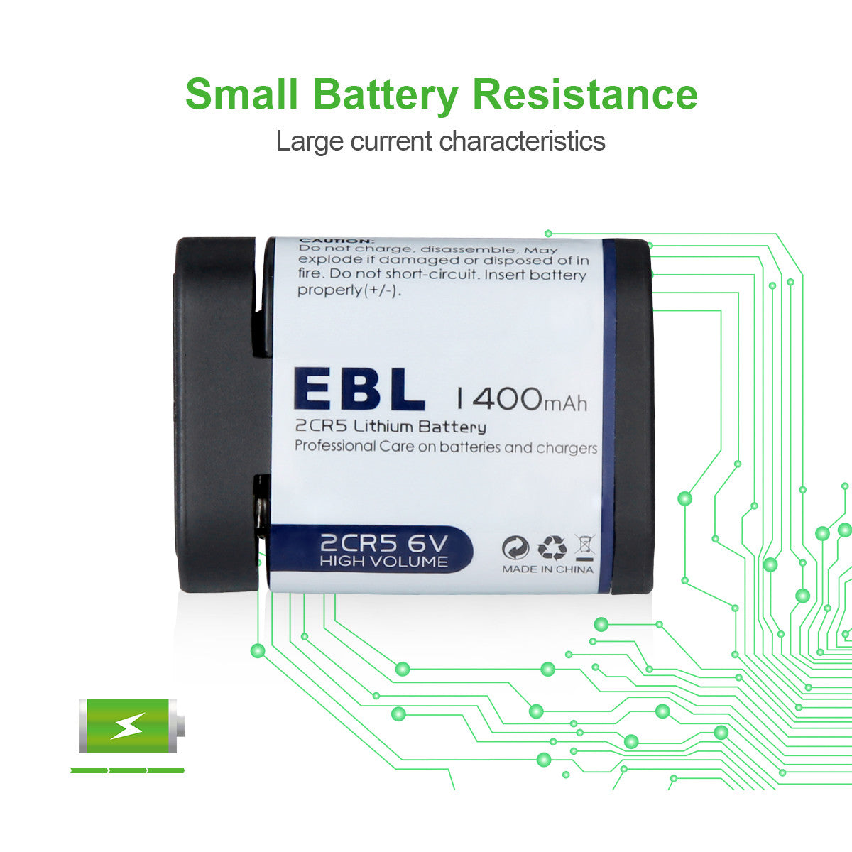 EBL 2CR5 6V Lithium Battery 1400mAh for Digital Cameras - High Capacity Replacement for Canon, Nikon, Olympus - Perfect for Photography, Travel & Professional Use