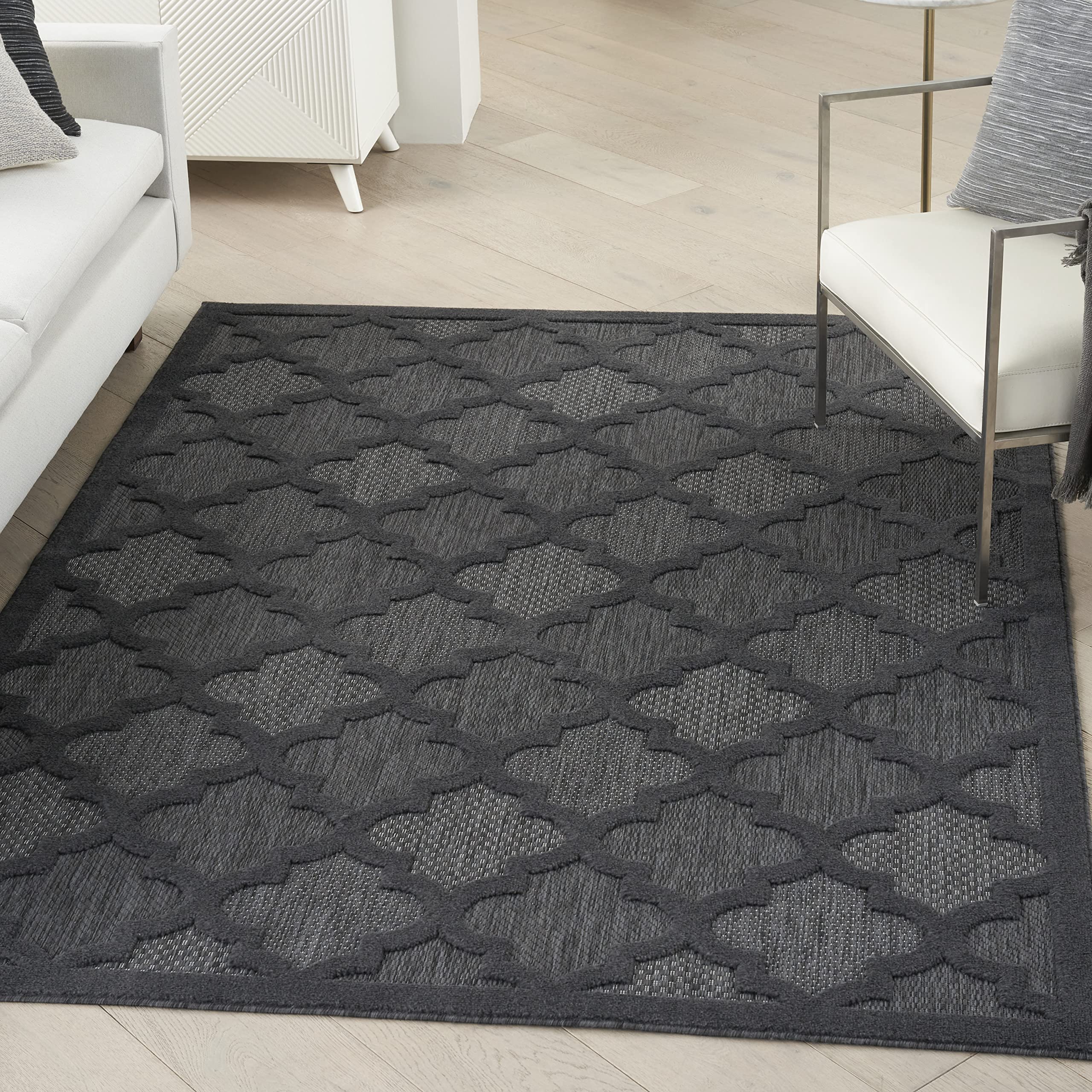 Nourison Easy Care Moroccan Charcoal/Black 6' x 9' Area Rug - Trellis Pattern, Non-Shedding & Easy Cleaning - Perfect for Bedroom, Living Room, Dining Room, Backyard, Deck & Patio (6x9) - Ideal for Home Decor, Outdoor Entertaining & Cozy Gatherings