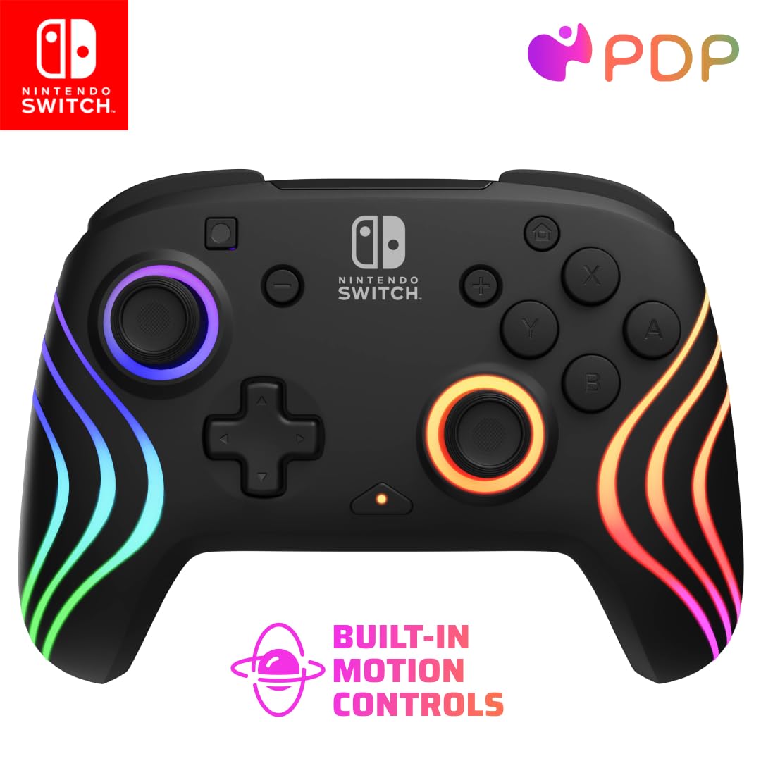 **PDP Afterglow Wave Wireless Pro Controller for Nintendo Switch & OLED - Motion Controls, Custom LED Lighting, 30ft Range, 20-Hour Rechargeable Battery (Black) - Perfect for Gaming, Streaming & Multiplayer Battles**