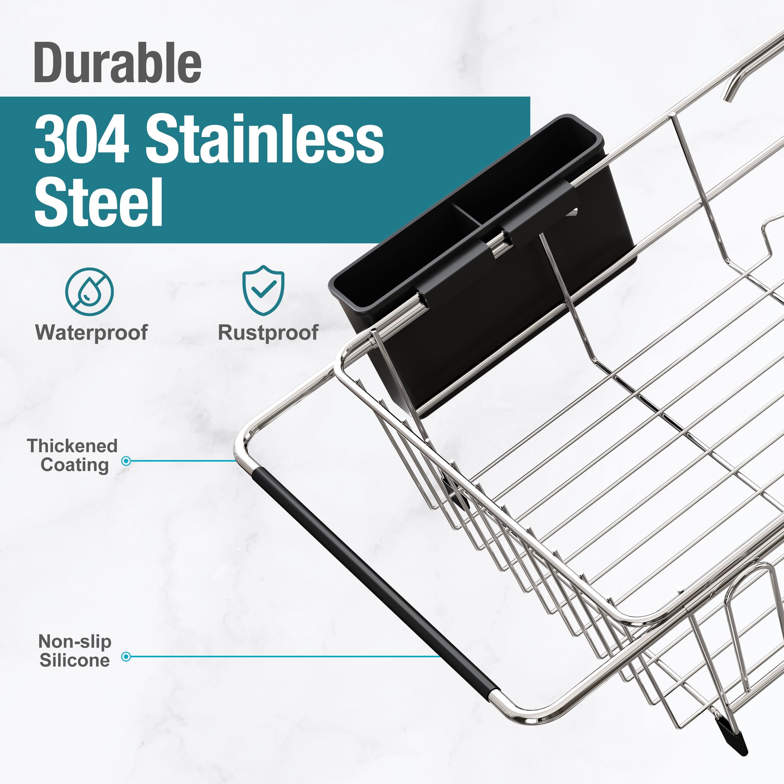 Expandable Stainless Steel Sink Dish Drying Rack with Utensil Holder - Space Saving Kitchen Counter Drainer for Plates, Cups & Silverware - Perfect for Small Kitchens & Apartment Living