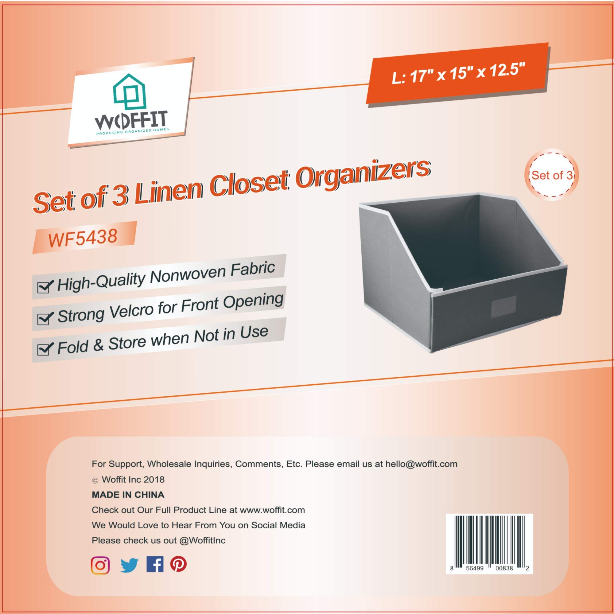 Woffit Linen Closet Storage Organizers - Set of 3 Large Foldable Fabric Baskets for Sheets, Towels, Blankets & Clothing | Space-Saving Home Organization Solution for Bedroom, Bathroom & Closet
