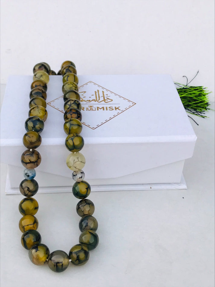 Green Shajri Aqeeq Tasbeeh Prayer Beads | 8mm Gemstone Islamic Rosary | 100 Count Muslim Dhikr Beads for Meditation & Spiritual Healing