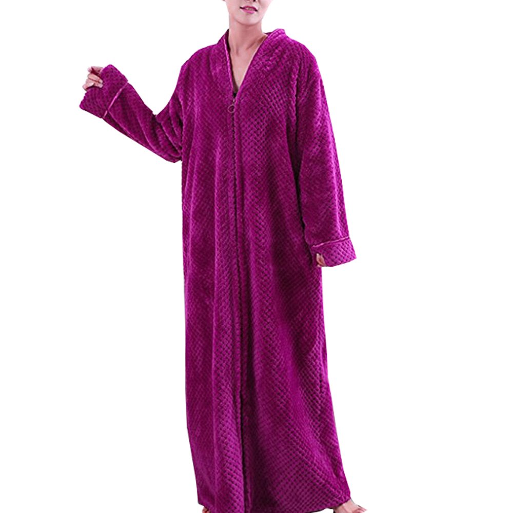DSNOW Women's Zip Fleece Waffle Long Robe - Soft Fluffy Bathrobe with Pockets, Warm Winter Loungewear for Spa, Sleepwear & Cozy Home Relaxation