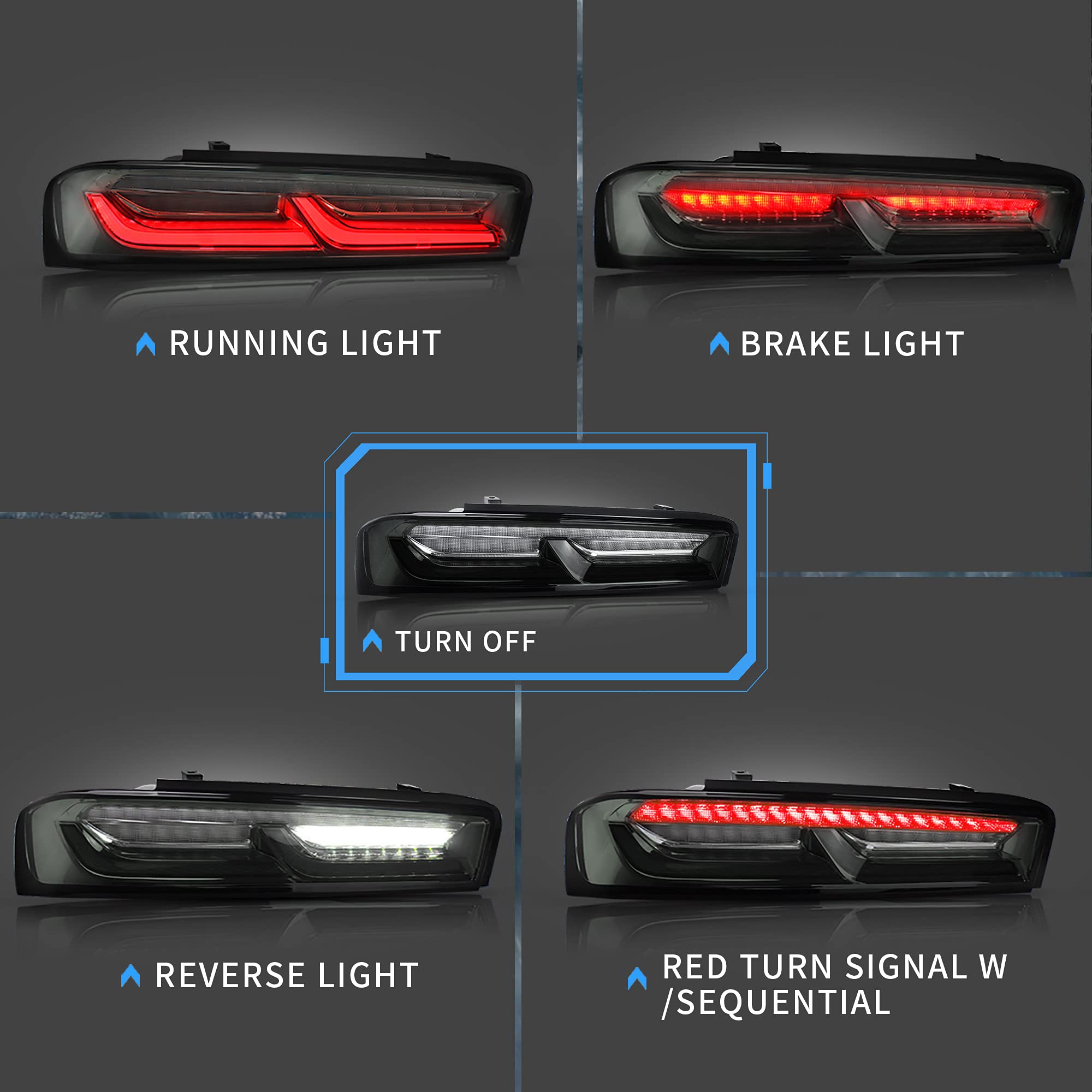 VLAND LED Tail Lights for Chevrolet Camaro 2016-2018 - Red Sequential Turn Signal, Smoke Clear Lens (US Plug) - Left & Right Rear Light Assembly - Perfect for Night Driving & Car Customization