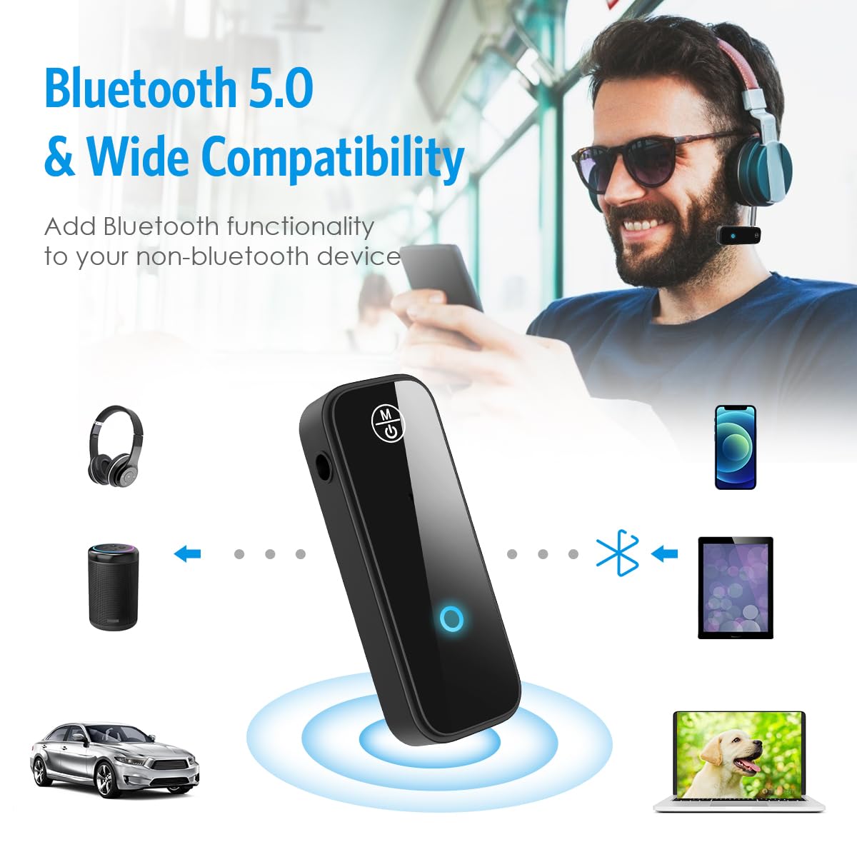 Brifit 2-in-1 Bluetooth 5.0 Transmitter & Receiver - Low Latency Wireless Audio Adapter with 3.5mm Jack for Home Theater, TV, PC, Headphones, and Wired Speakers - Perfect for Gaming, Streaming, and Music