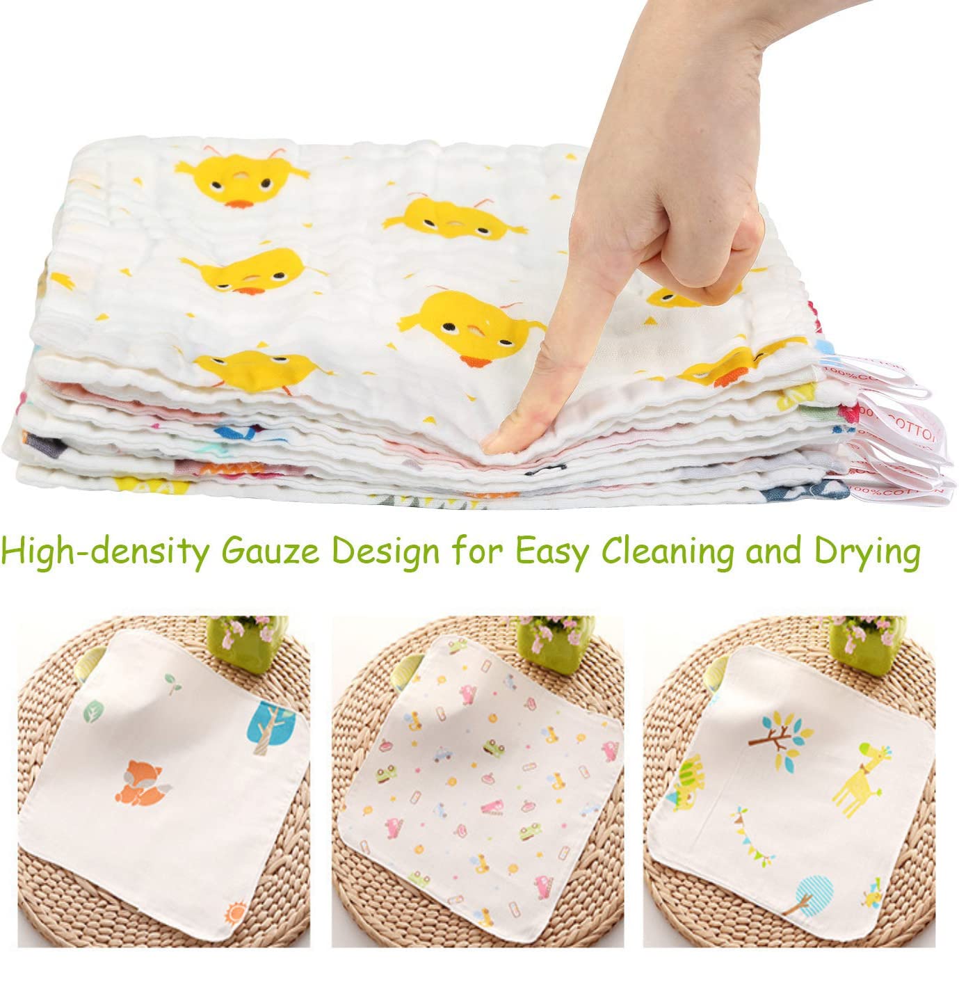 10Pcs Baby Muslin Washcloths - Super Soft & Absorbent Cotton Face Cloths for Newborns - Gentle Reusable Washable Squares for Baby Bath, Feeding & Diaper Changing - Perfect Baby Shower Gift (Random Patterns) - Ideal for Nursery, Travel & Daily Care