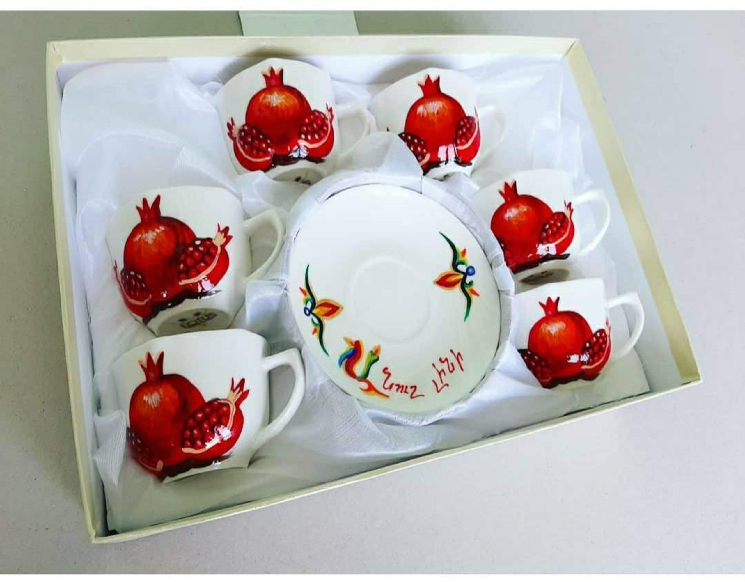 Armenian Style Ceramic Coffee & Tea Cups Set of 6 - Handcrafted Traditional Pomegranate Design - Perfect for Turkish Coffee, Espresso & Tea - Great Housewarming & Cultural Gift Idea for Coffee Lovers